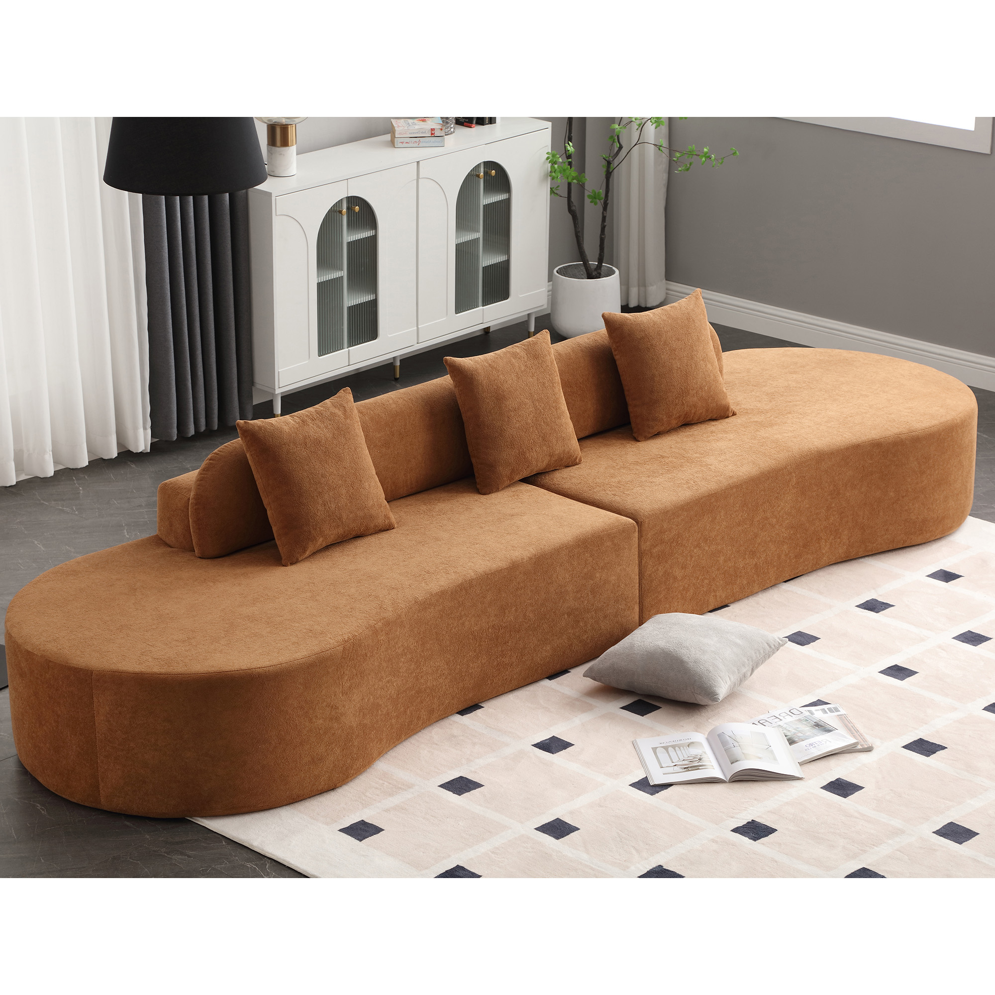 [NEW ARRIVED] [VIDEO PROVIDED] Modern curved combination sofa, terrycloth fabric sofa, minimalist sofa in living room, apartment, no assembly required, three pillows,Browm