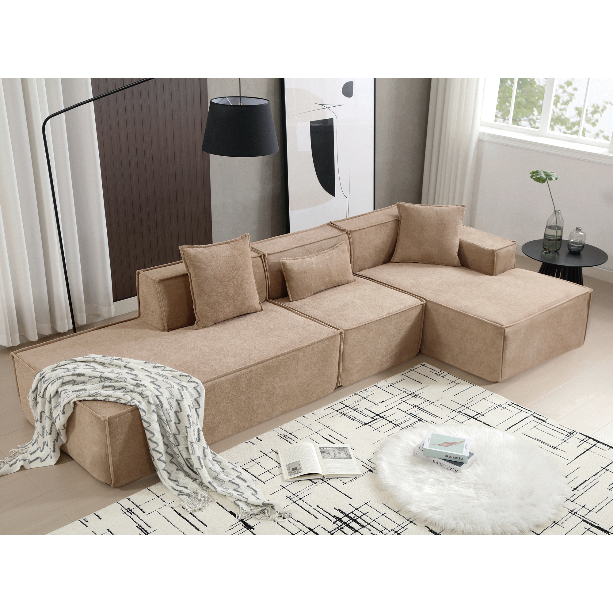 [VIDEO PROVIDED] Modular combination living room sofa set, modern minimalist sofa, free installation sofa, L-shaped, Italian minimalist tofu block sofa,  Right-Hand Facing,Light Brown