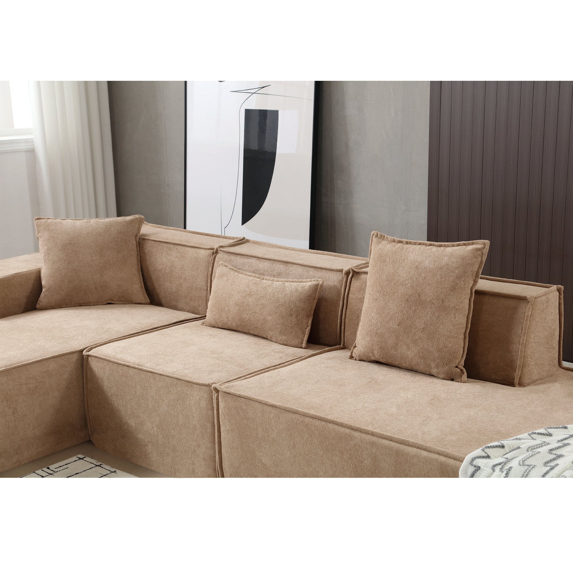 [VIDEO PROVIDED] Modular combination living room sofa set, modern minimalist sofa, free installation sofa, L-shaped, Italian minimalist tofu block sofa, Left-Hand Facing, Light Brown