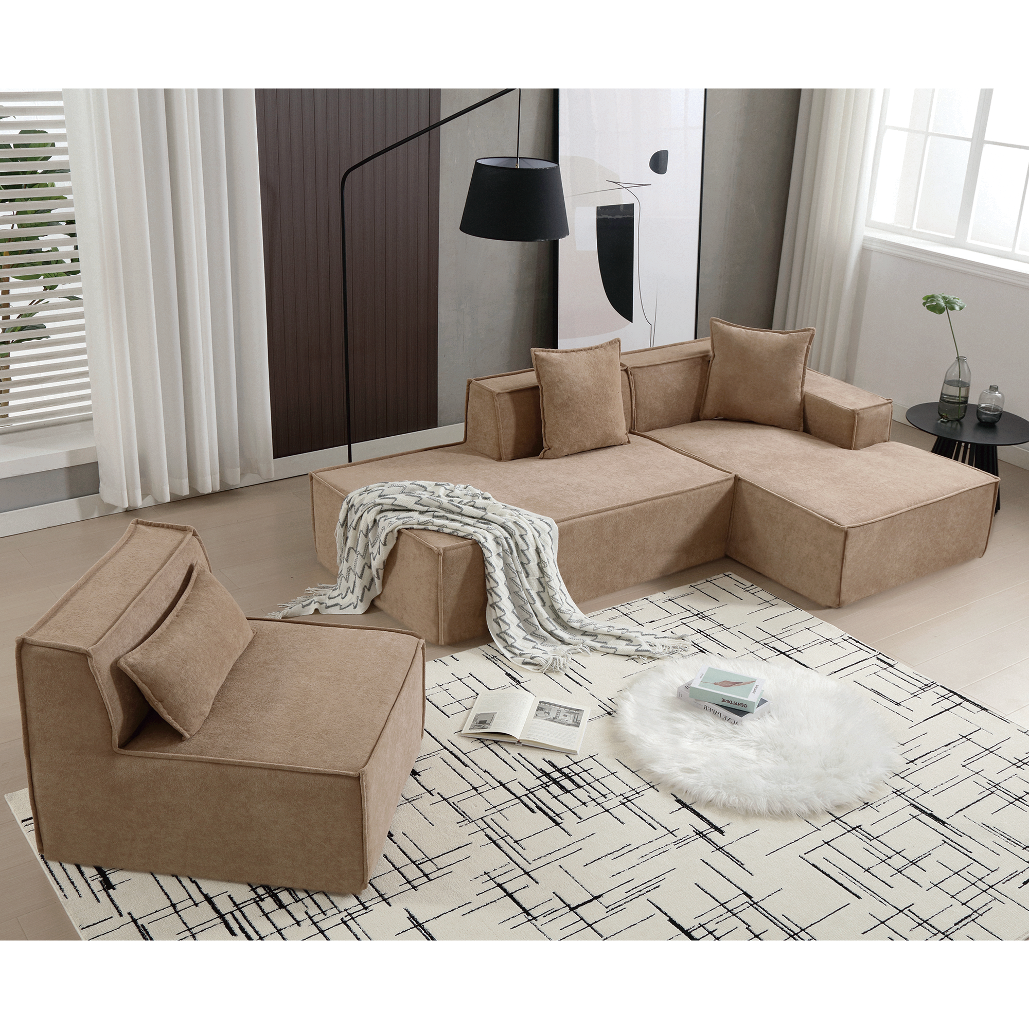 [VIDEO PROVIDED] Modular combination living room sofa set, modern minimalist sofa, free installation sofa, L-shaped, Italian minimalist tofu block sofa,  Right-Hand Facing,Light Brown