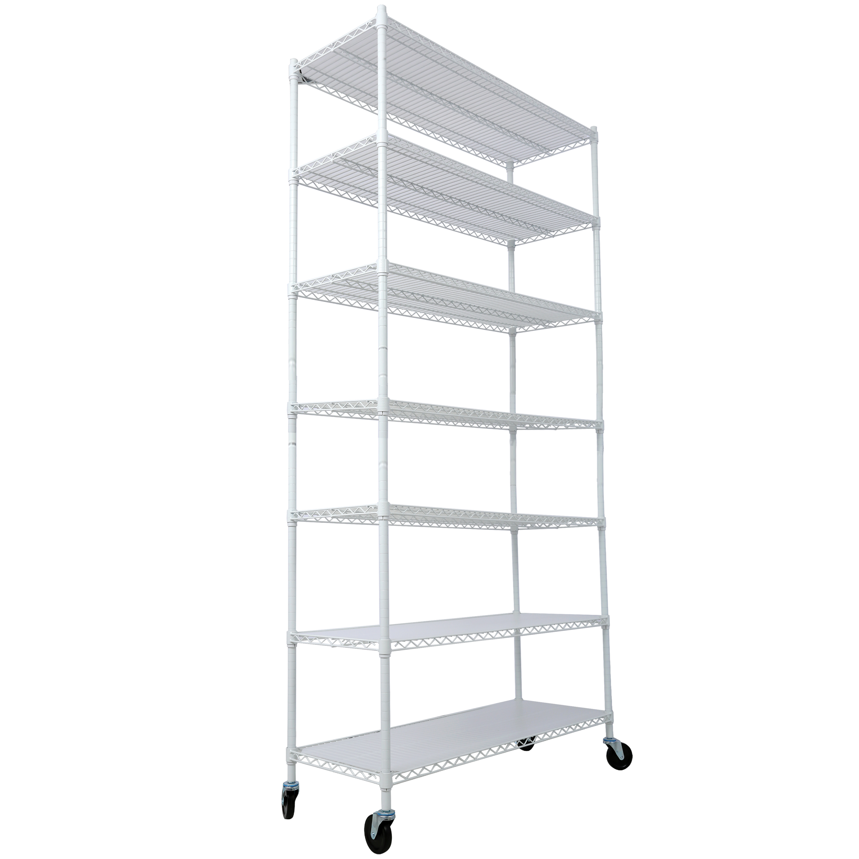 7 Tier Metal Shelf Wire Shelving Unit, 2450lbs Heavy Duty Adjustable Storage Rack with Wheels & Shelf Liners for Closet Kitchen Garage Basement Commercial Shelving - 81.5" H x 48" L x 18" D white