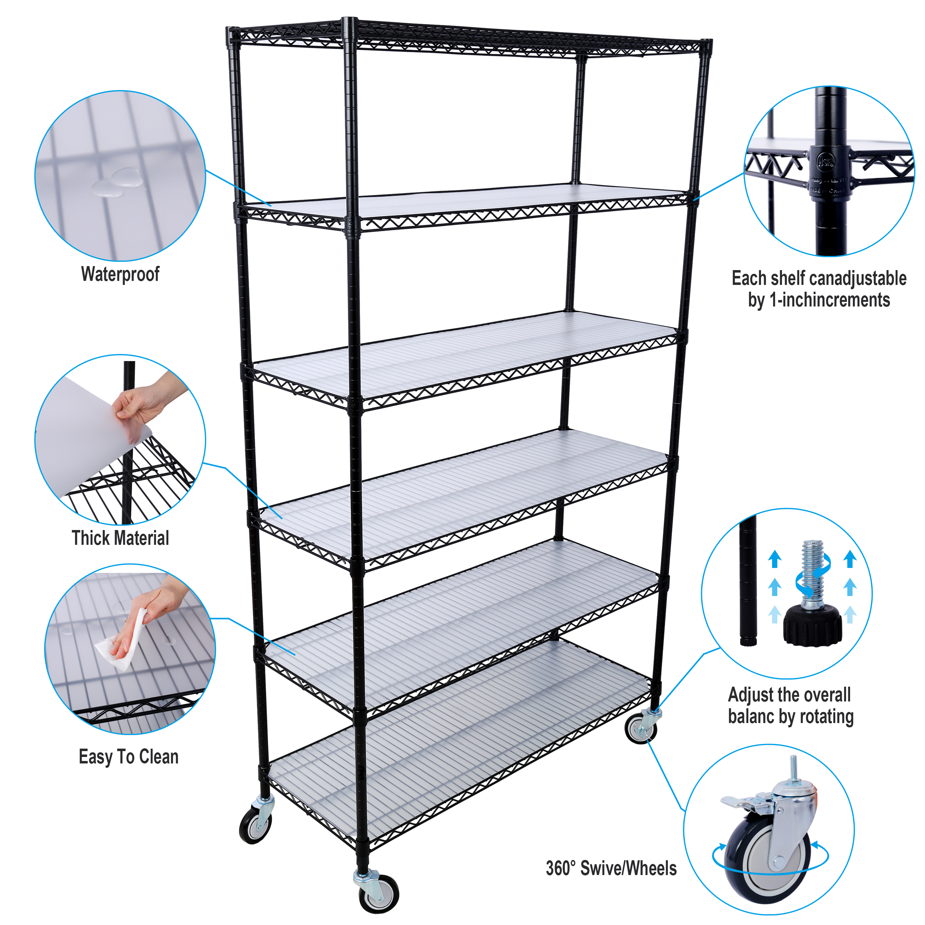 6 Tier 6000lbs Capacity NSF Metal Shelf Wire Shelving Unit, Heavy Duty Adjustable Storage Rack with Wheels & Shelf Liners for Commercial Grade Utility Steel Storage Rack, Black - 84"H x 48"L x 20"D