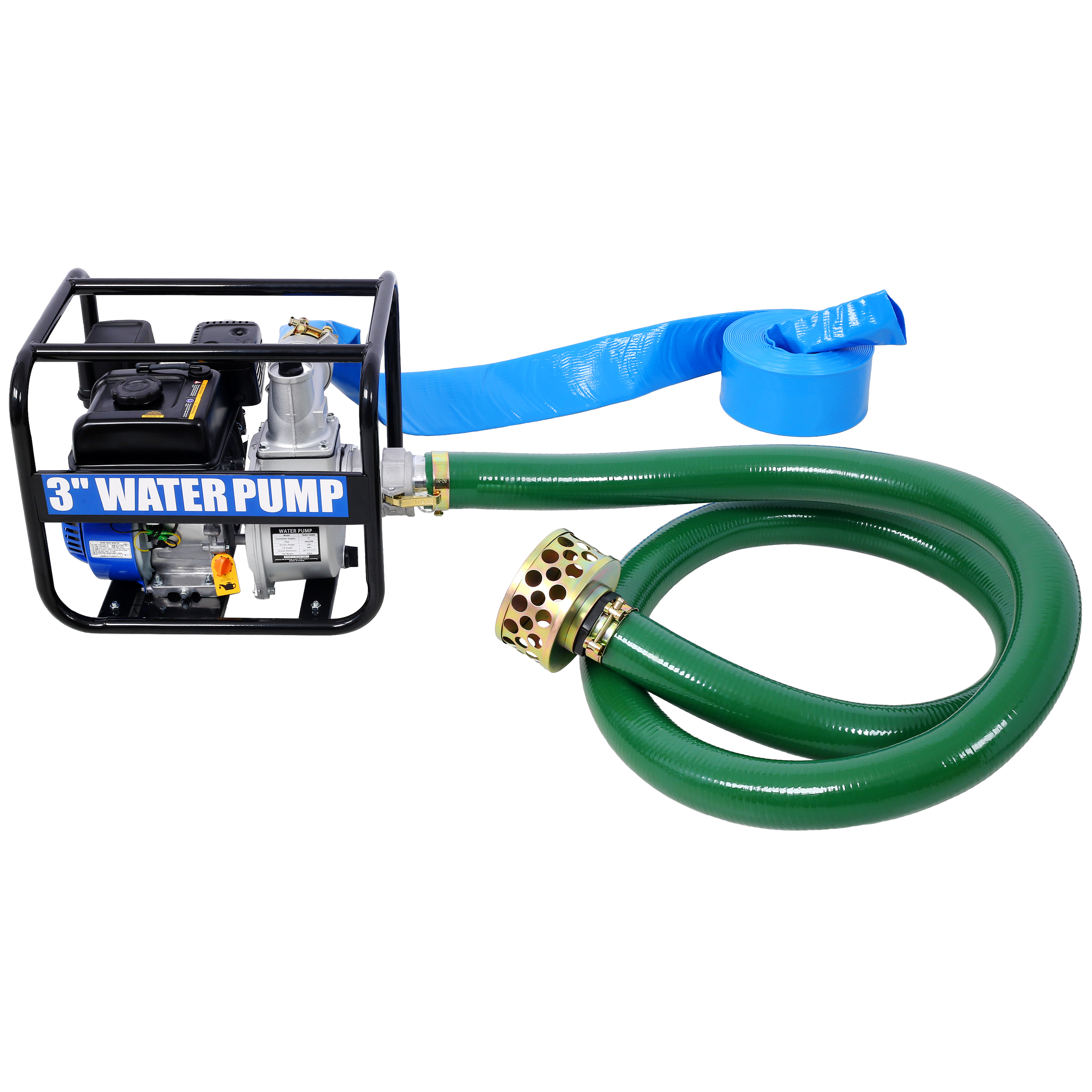 Semi Trash Pump 3 inch, 209cc 7HP 4 stroke OHV ENGINE, Gas Powered Full Trash Water Pump  50 ft Discharge Hose, 12 ft Suction Hose with Complete Fittings,EPA compliant