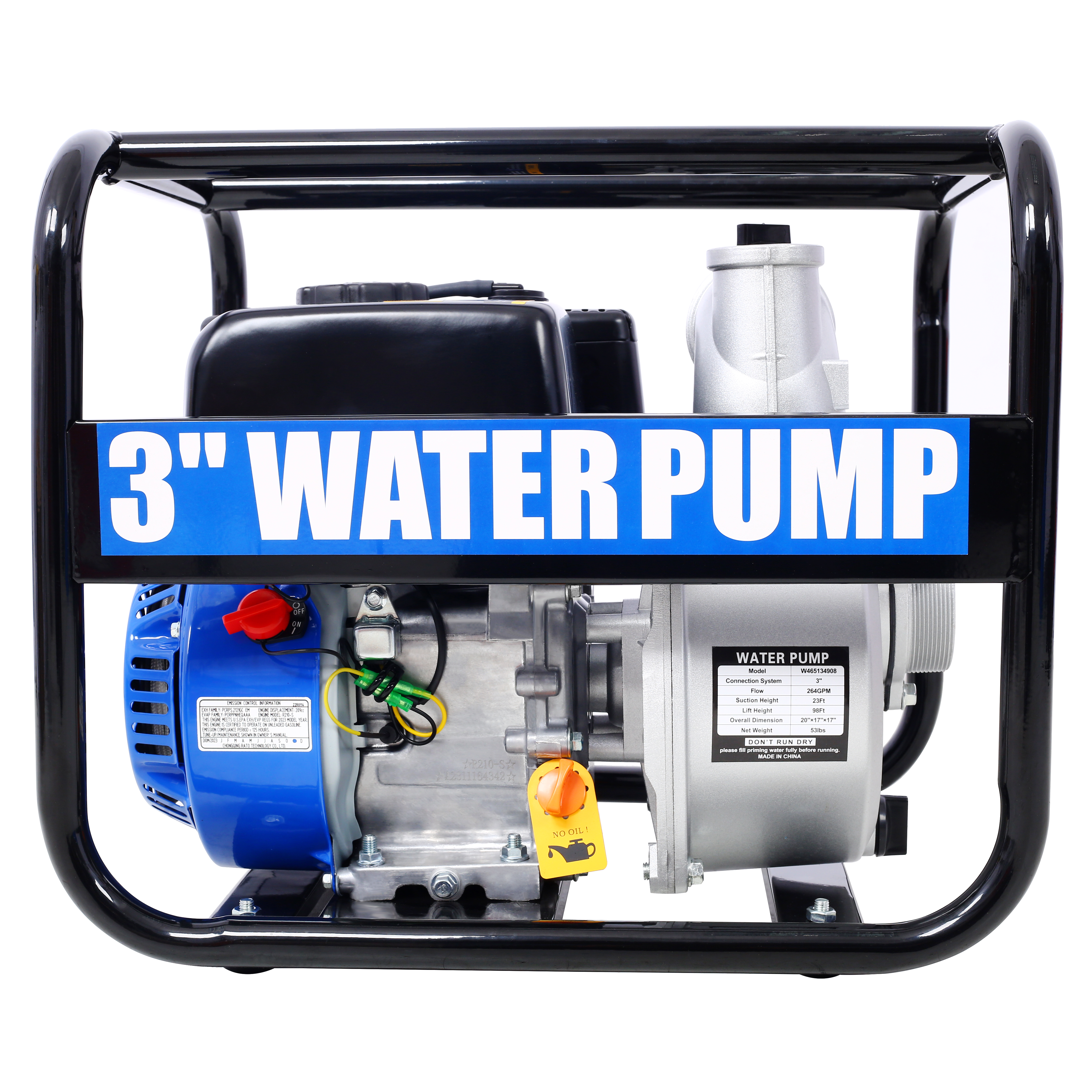 Semi Trash Pump 3 inch, 209cc 7HP 4 stroke OHV ENGINE, Gas Powered Full Trash Water Pump  50 ft Discharge Hose, 12 ft Suction Hose with Complete Fittings,EPA compliant