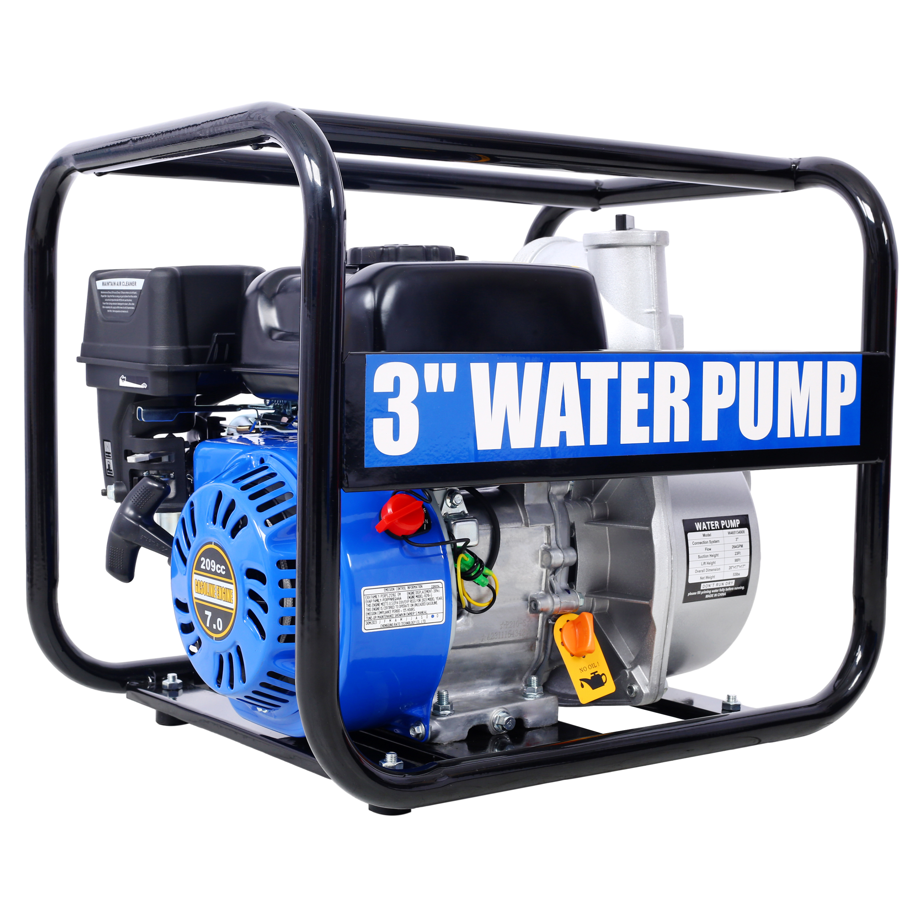 Semi Trash Pump 3 inch, 209cc 7HP 4 stroke OHV ENGINE, Gas Powered Full Trash Water Pump  50 ft Discharge Hose, 12 ft Suction Hose with Complete Fittings,EPA compliant