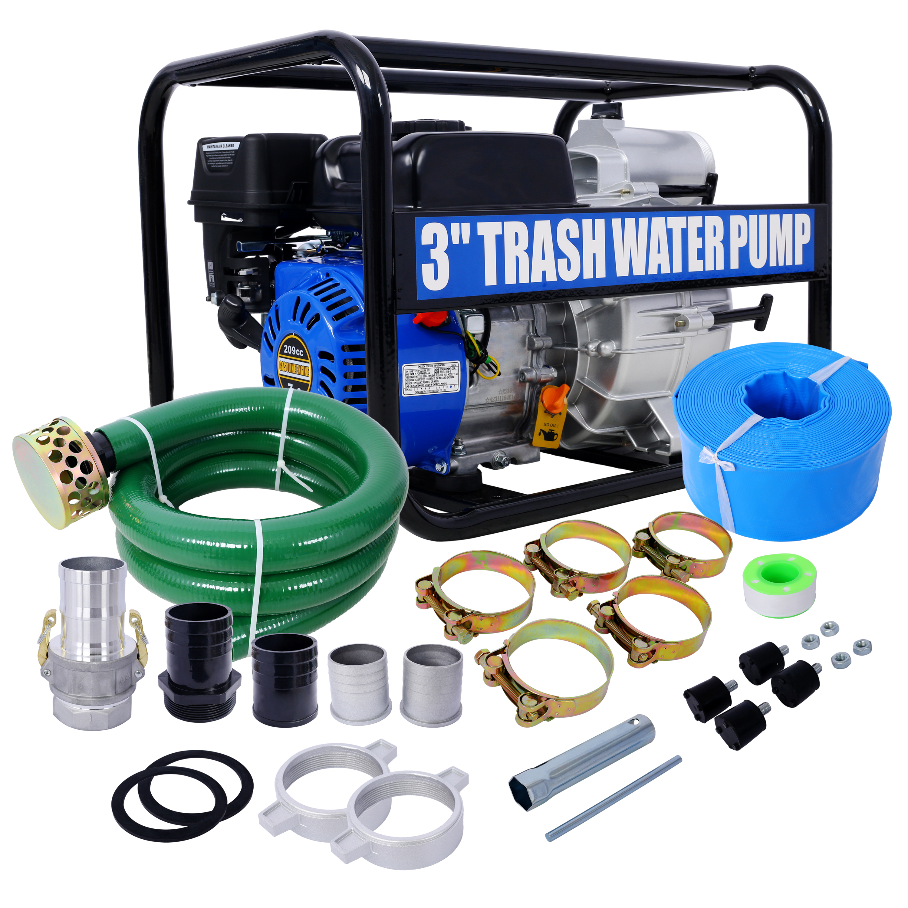 Trash Pump 3 inch, 209cc 7HP 4 stroke OHV ENGINE, Gas Powered Full Trash Water Pump 50 ft Discharge Hose, 12 ft Suction Hose with Complete Fittings,EPA compliant