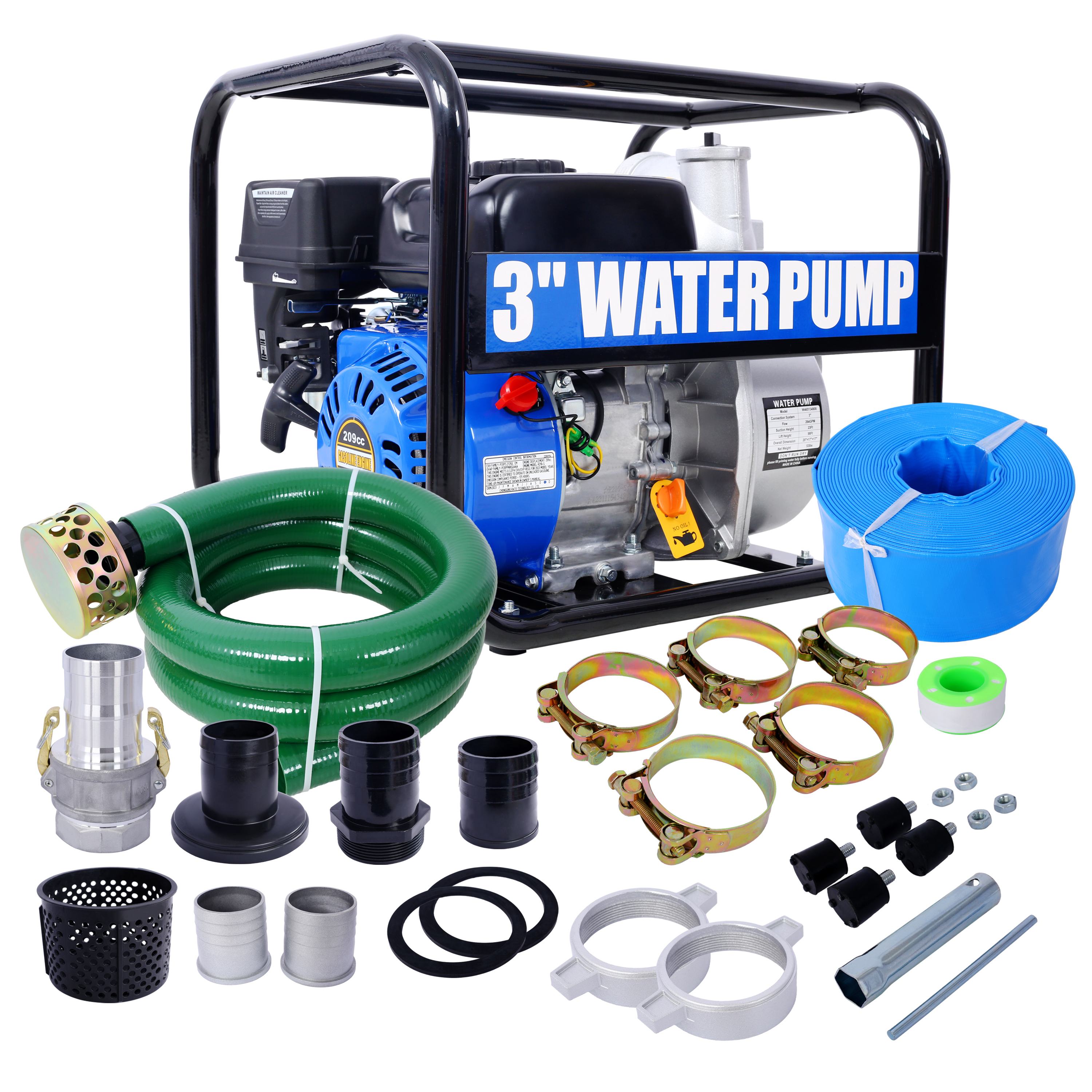 Semi Trash Pump 3 inch, 209cc 7HP 4 stroke OHV ENGINE, Gas Powered Full Trash Water Pump  50 ft Discharge Hose, 12 ft Suction Hose with Complete Fittings,EPA compliant