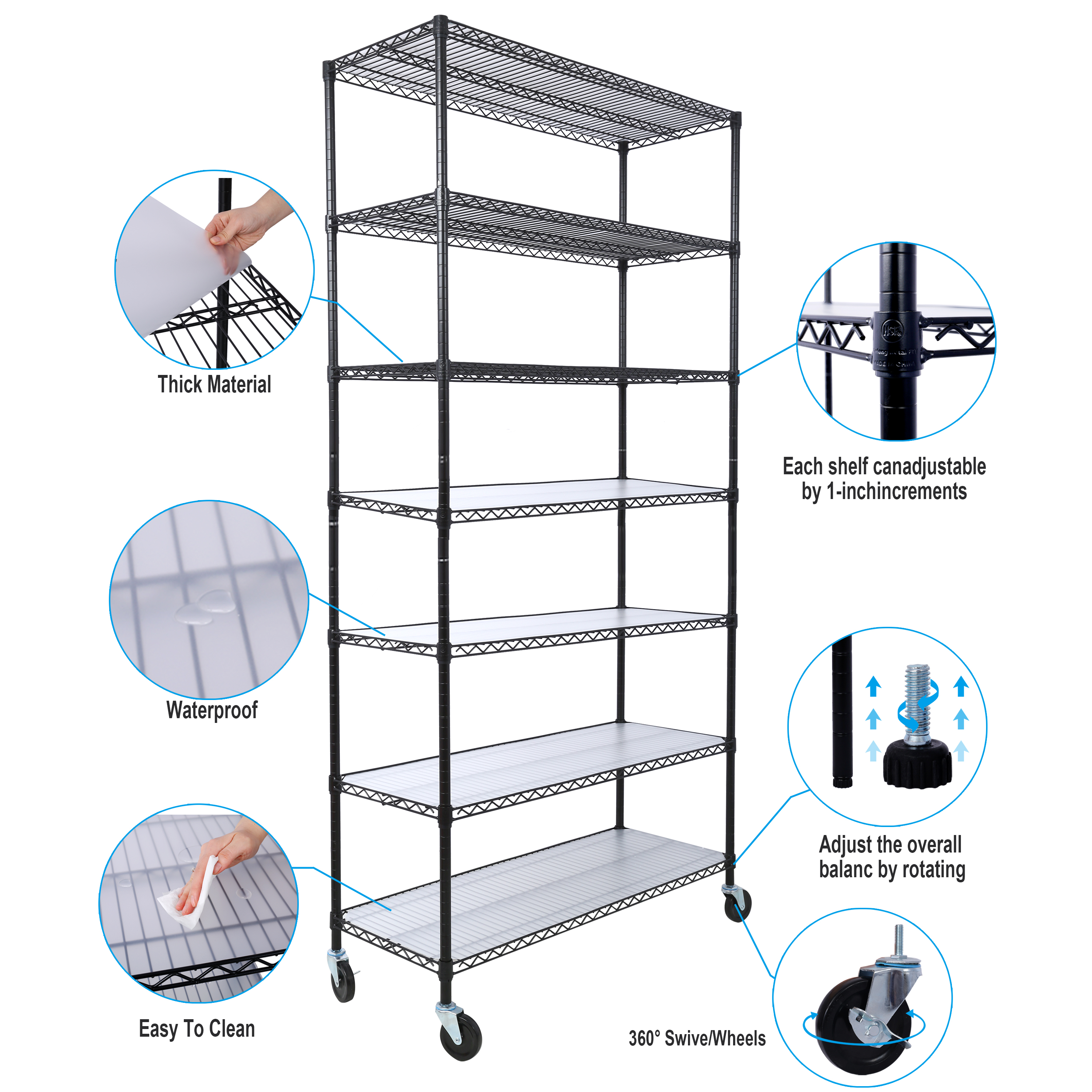 7 Tier Metal Shelf Wire Shelving Unit, 2450lbs Heavy Duty Adjustable Storage Rack with Wheels & Shelf Liners for Closet Kitchen Garage Basement Commercial Shelving - 81.5" H x 48" L x 18" D black