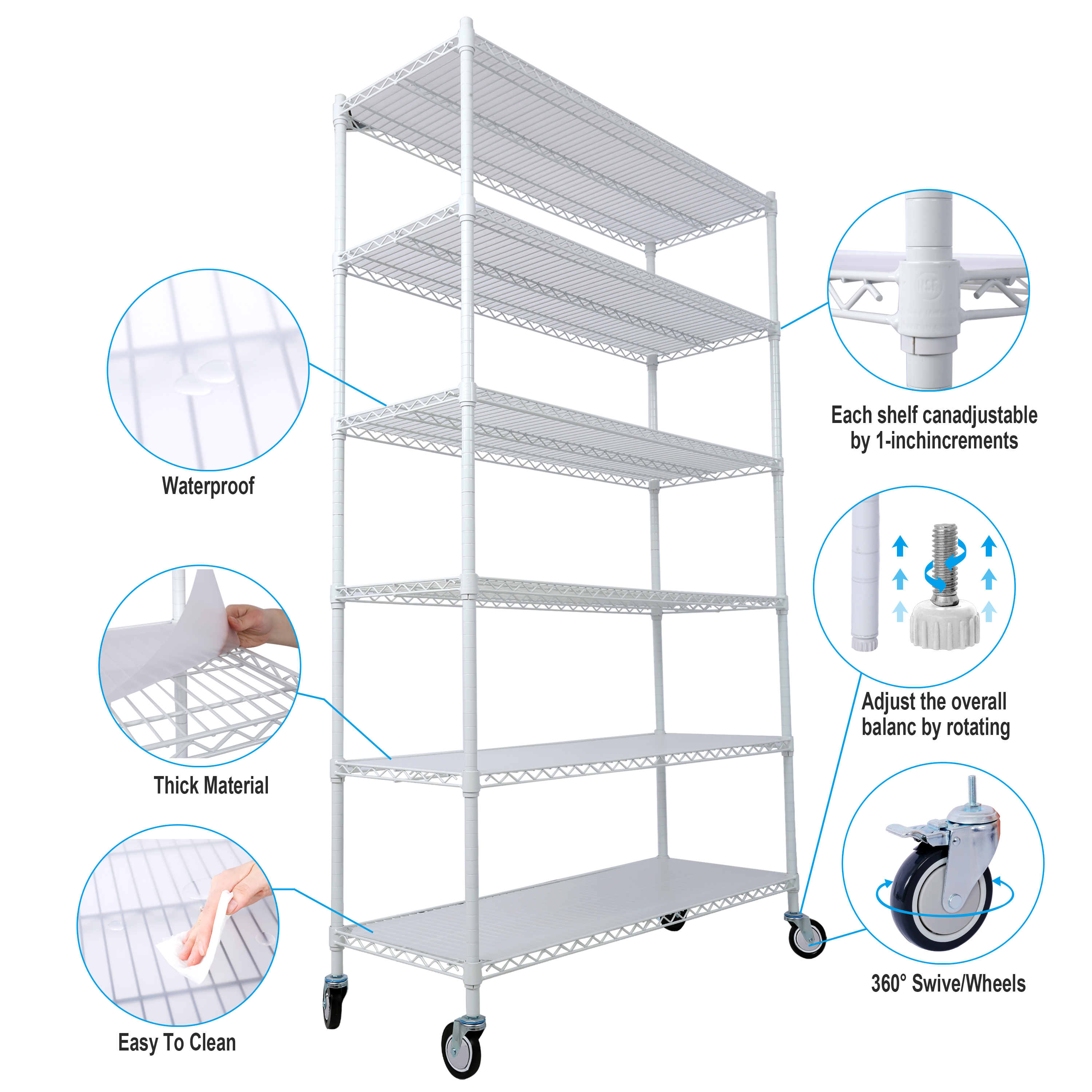 6 Tier 6000lbs Capacity NSF Metal Shelf Wire Shelving Unit, Heavy Duty Adjustable Storage Rack with Wheels & Shelf Liners for Commercial Grade Utility Steel Storage Rack, white - 84"H x 48"L x 20"D