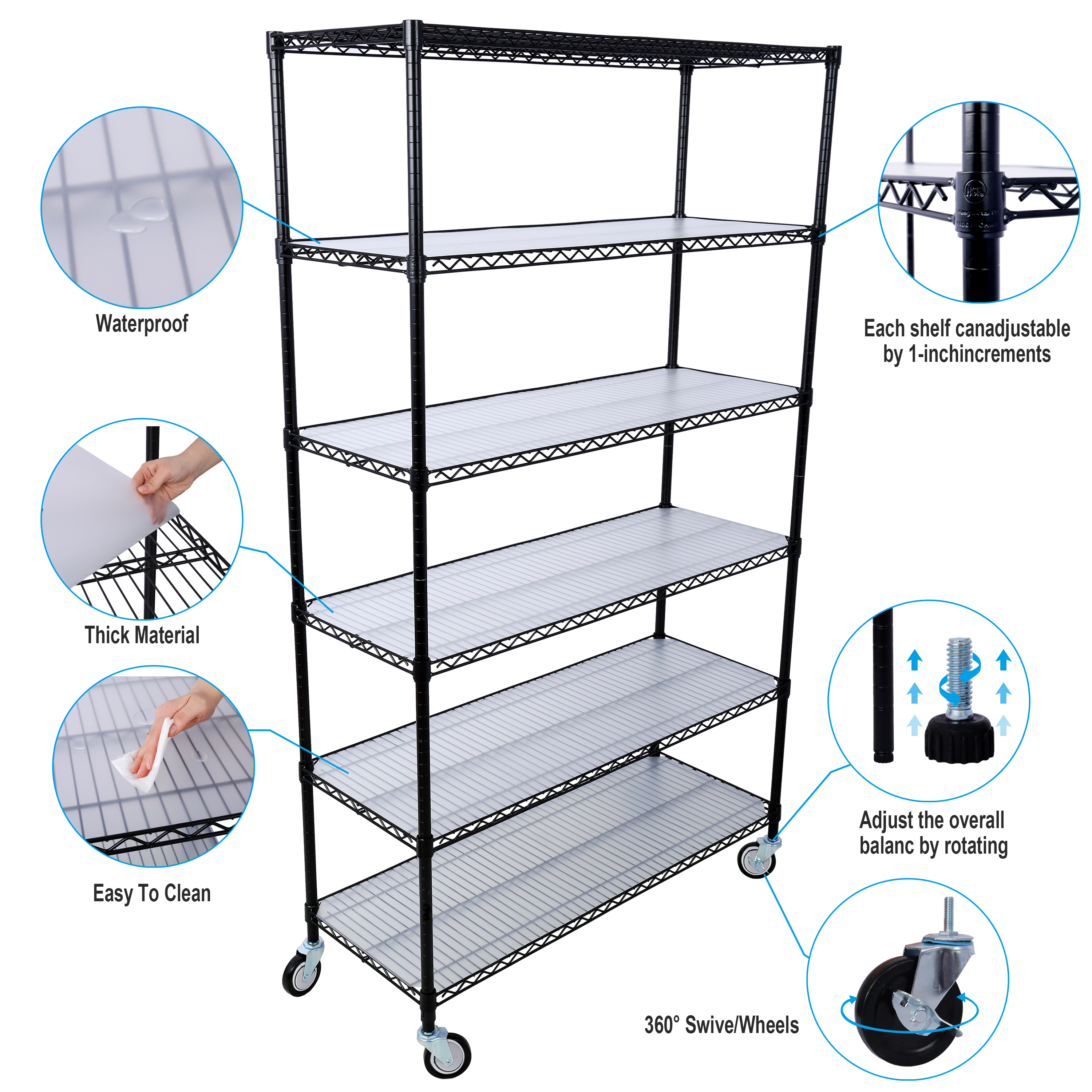 6 Tier 6000lbs Capacity NSF Metal Shelf Wire Shelving Unit, Heavy Duty Adjustable Storage Rack with Wheels & Shelf Liners for Commercial Grade Utility Steel Storage Rack, Black - 82"H x 48"L x 18"D