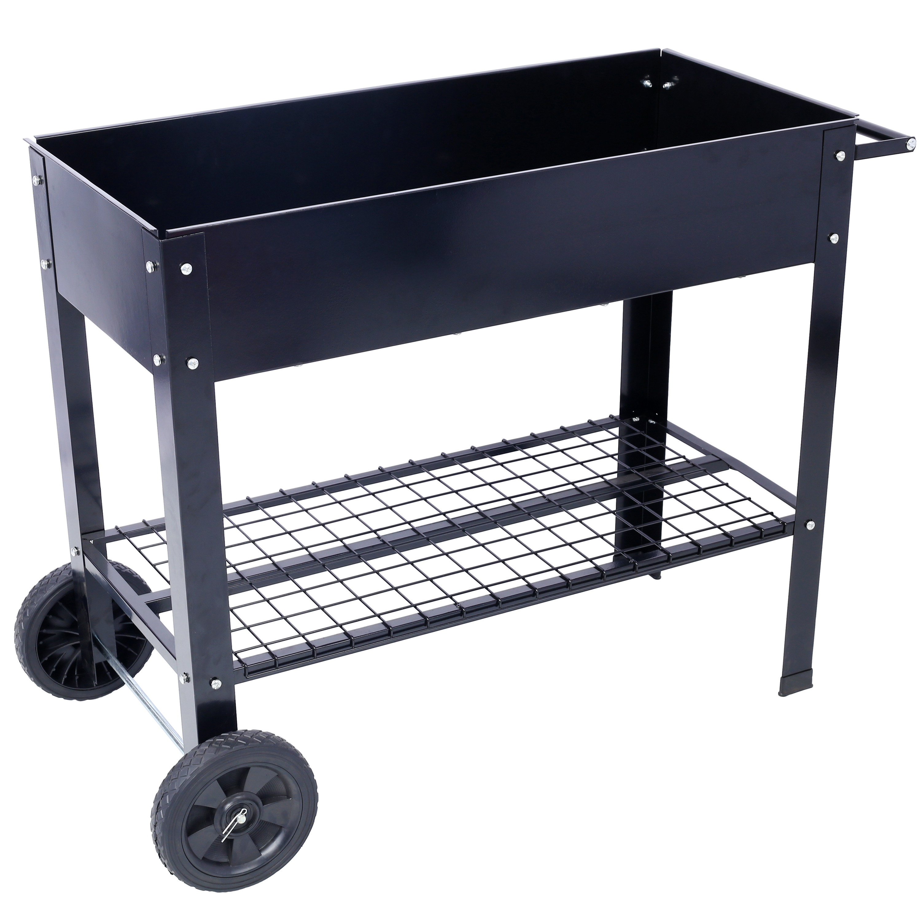 Products Elevated Mobile Raised Ergonomic Metal Planter Garden Bed for Backyard, Patio w/Wheels, Lower Shelf, black