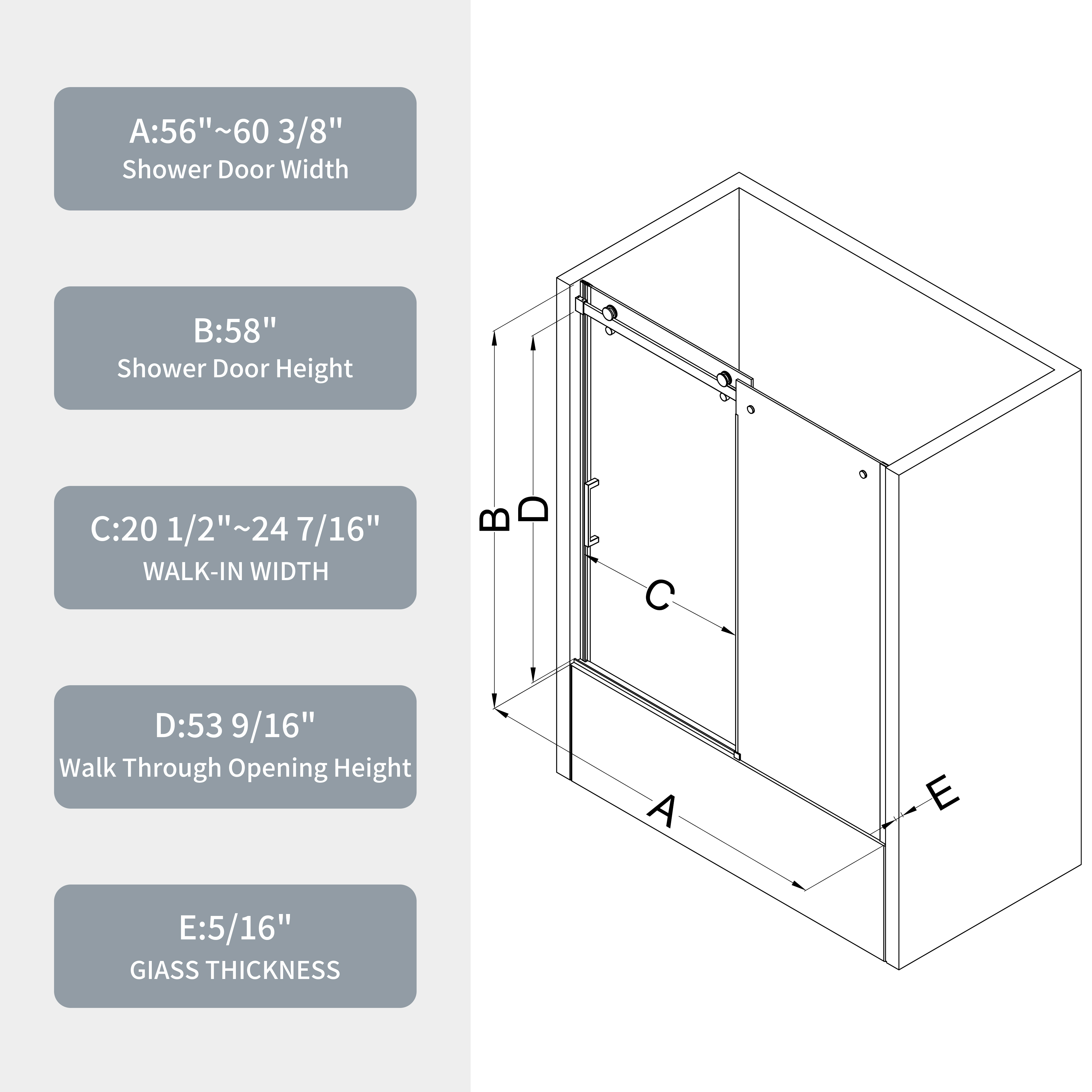 Bathtub shower door, sliding door, with 5/16" tempered glass and Matted black finish 6058