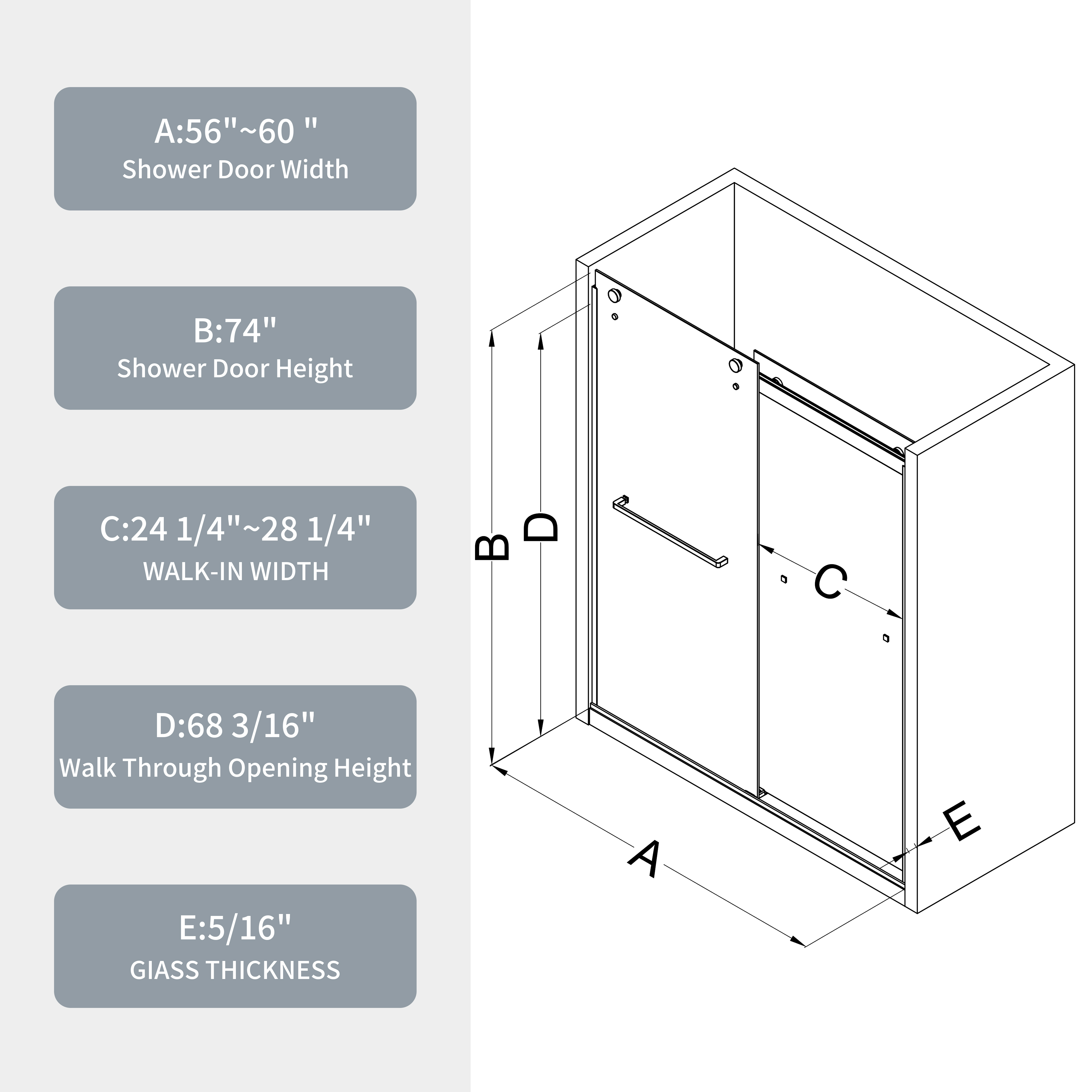 Bypass shower door, sliding door, with 5/16" tempered glass and Matted black finish 6074