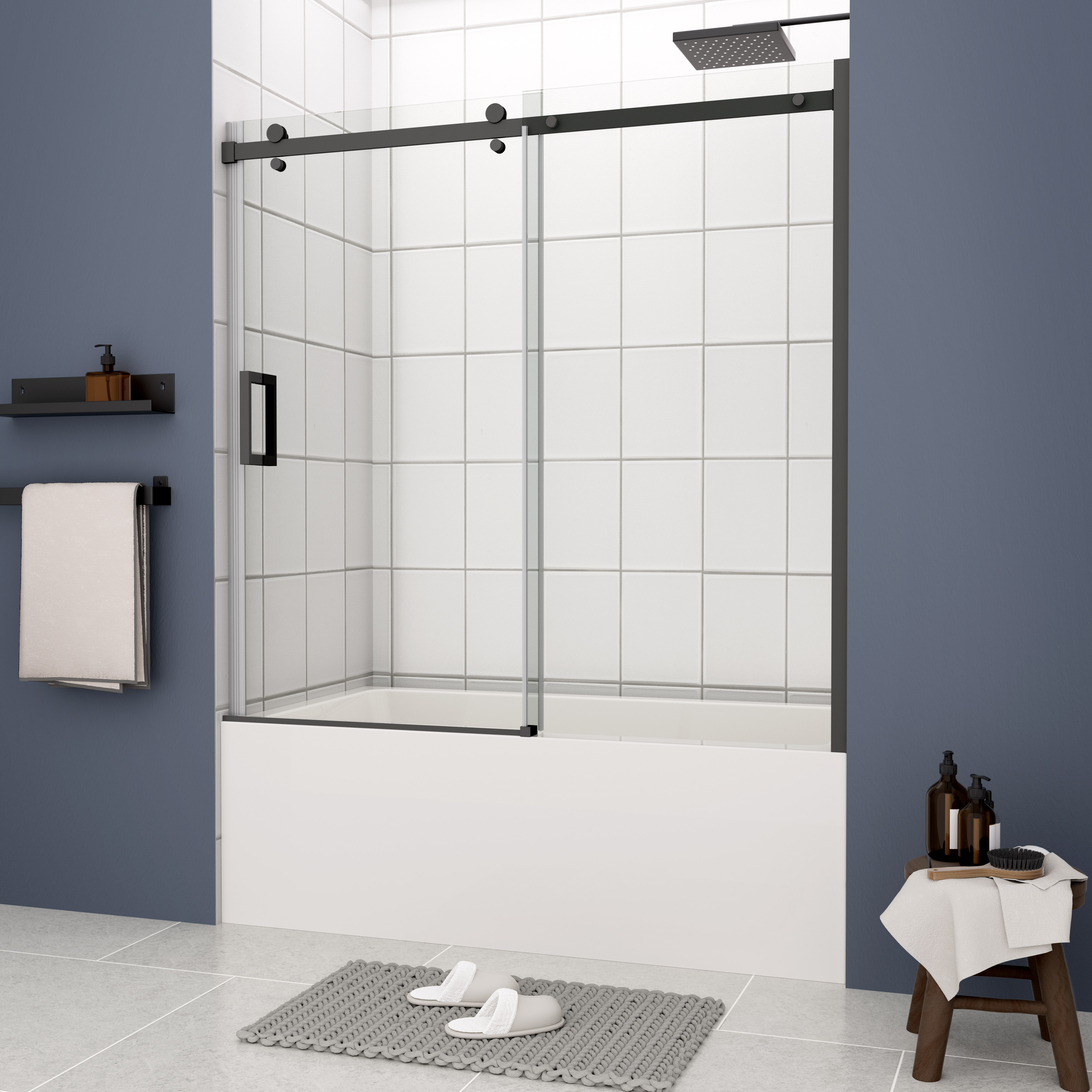 Bathtub shower door, sliding door, with 5/16" tempered glass and Matted black finish 6058