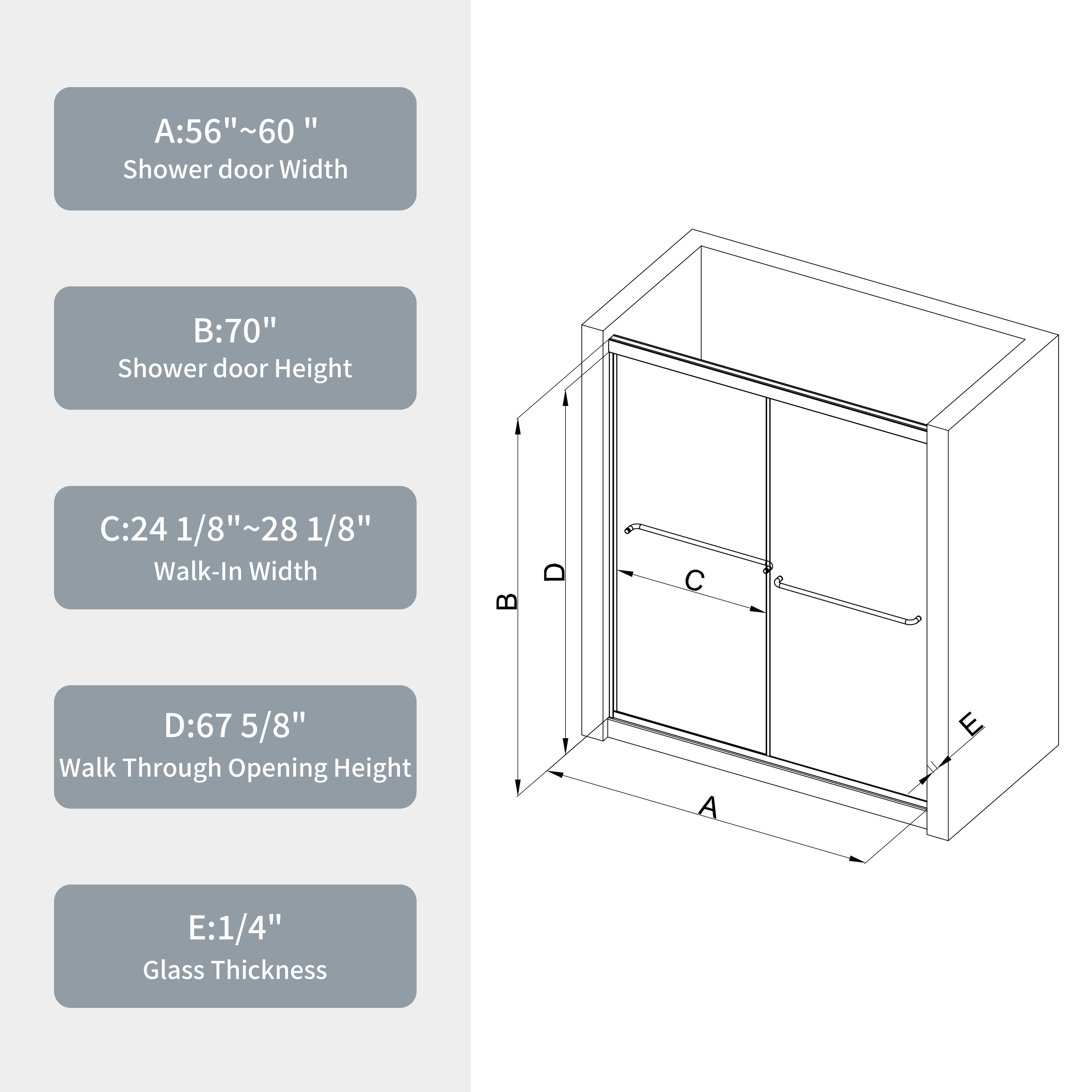 Bypass shower door, sliding door, with 1/4" tempered glass and Matted black finish