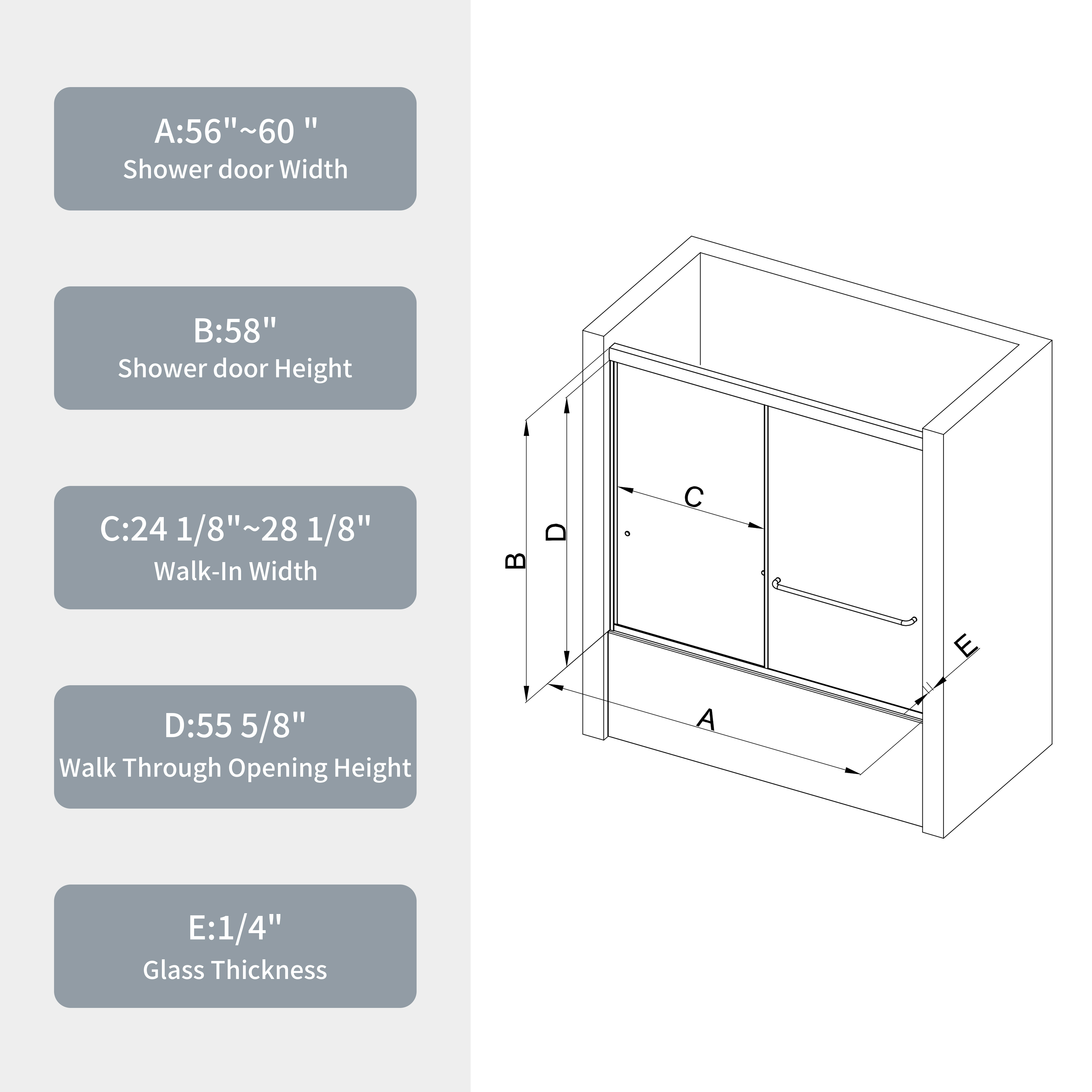 Bathtub Bypass shower door, sliding door, with 1/4" tempered glass and Matted  black finish  6058