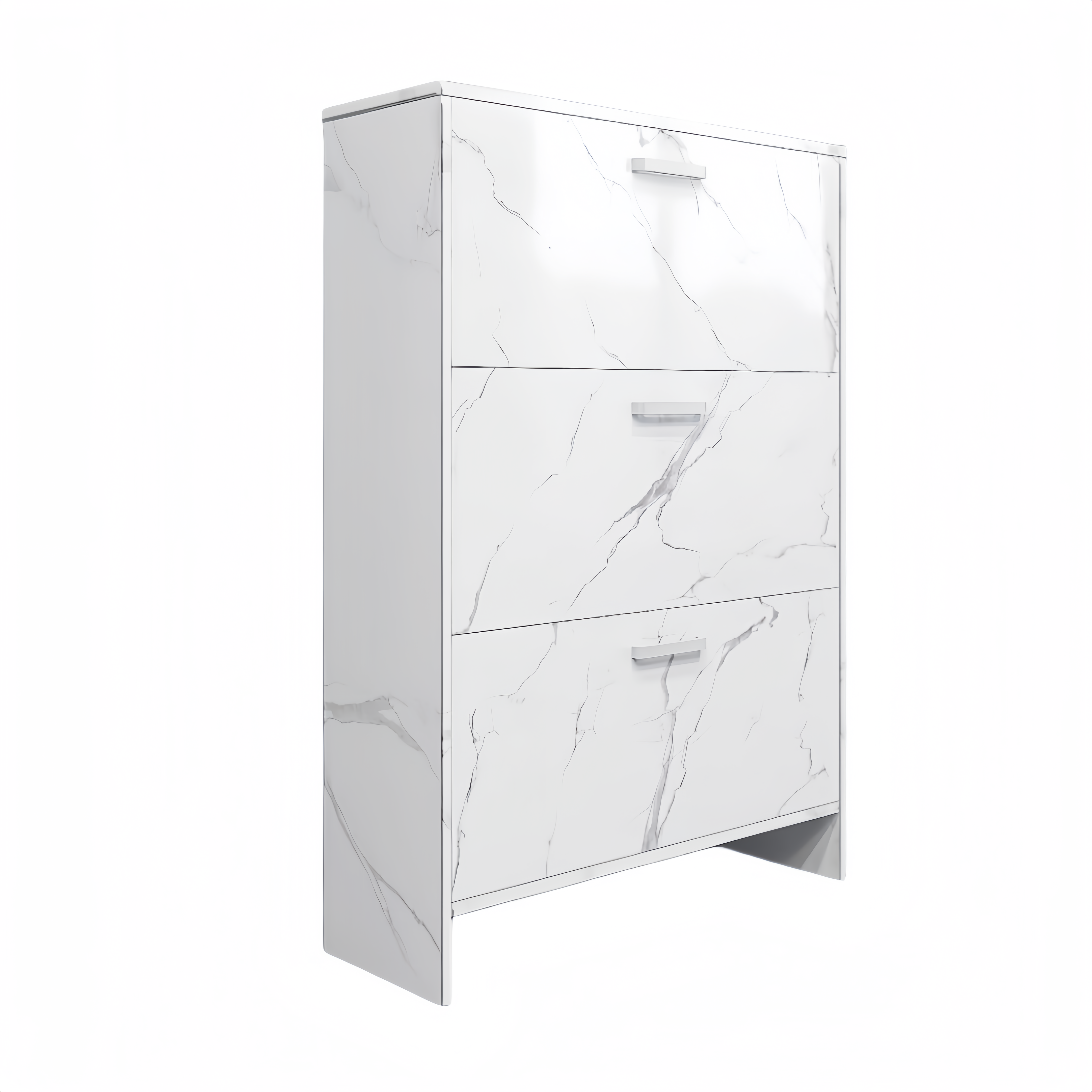 White Marble Color High Glossy 3 Doors Shoe Cabinet with Retro Handles