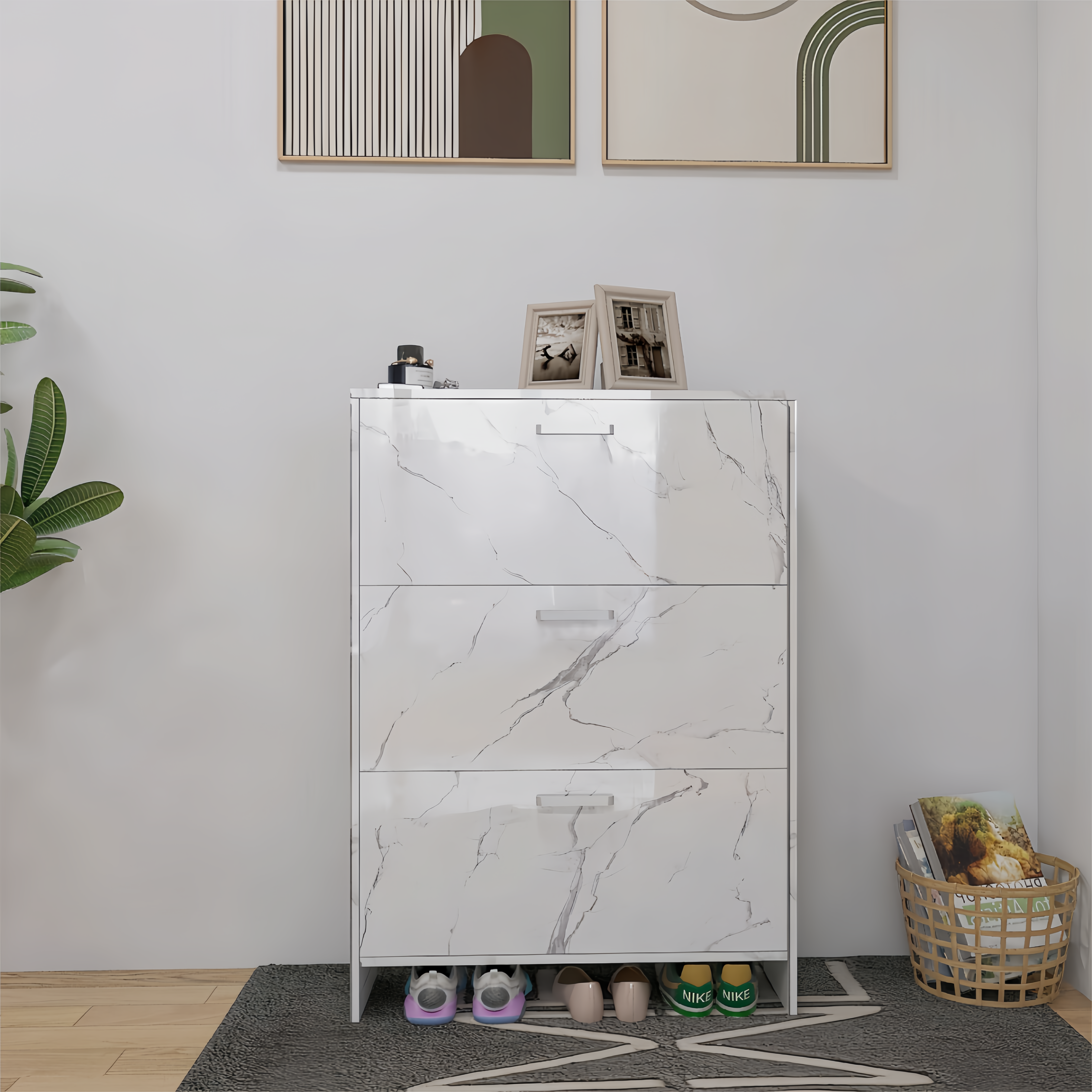 White Marble Color High Glossy 3 Doors Shoe Cabinet with Retro Handles