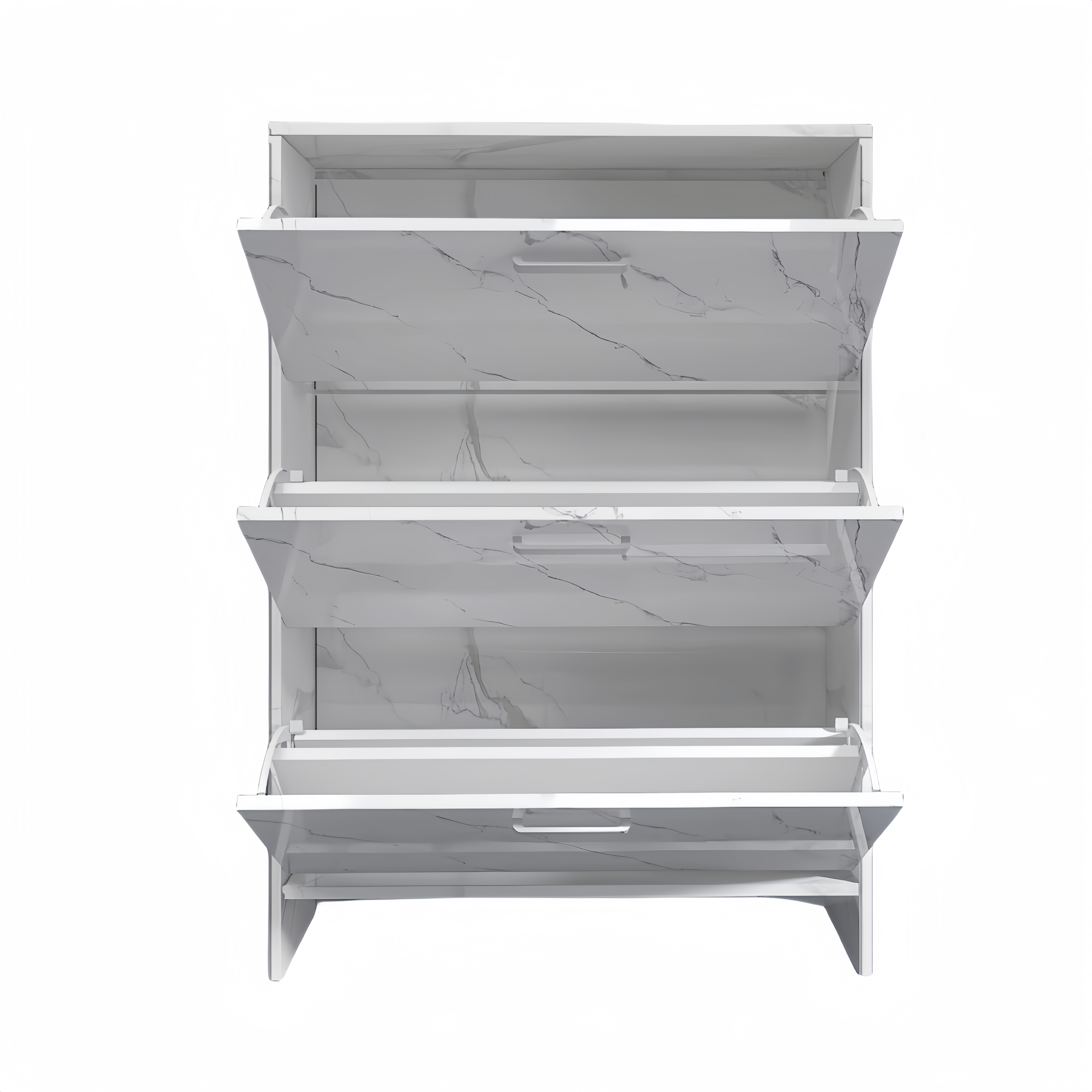 White Marble Color High Glossy 3 Doors Shoe Cabinet with Retro Handles