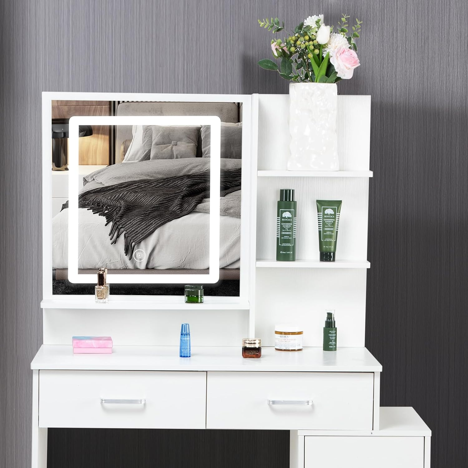 White color adjustable dressing table with 4 drawers