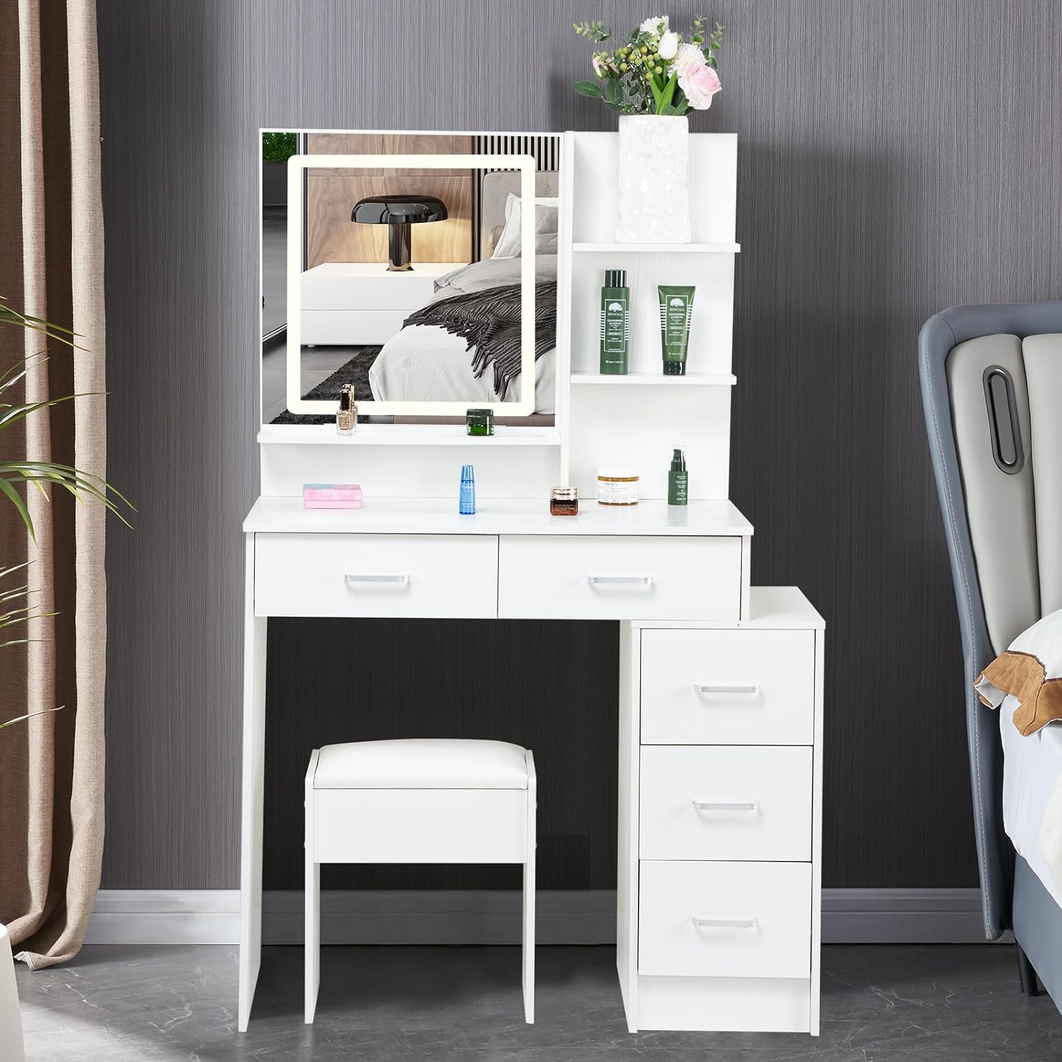 White color adjustable dressing table with 4 drawers