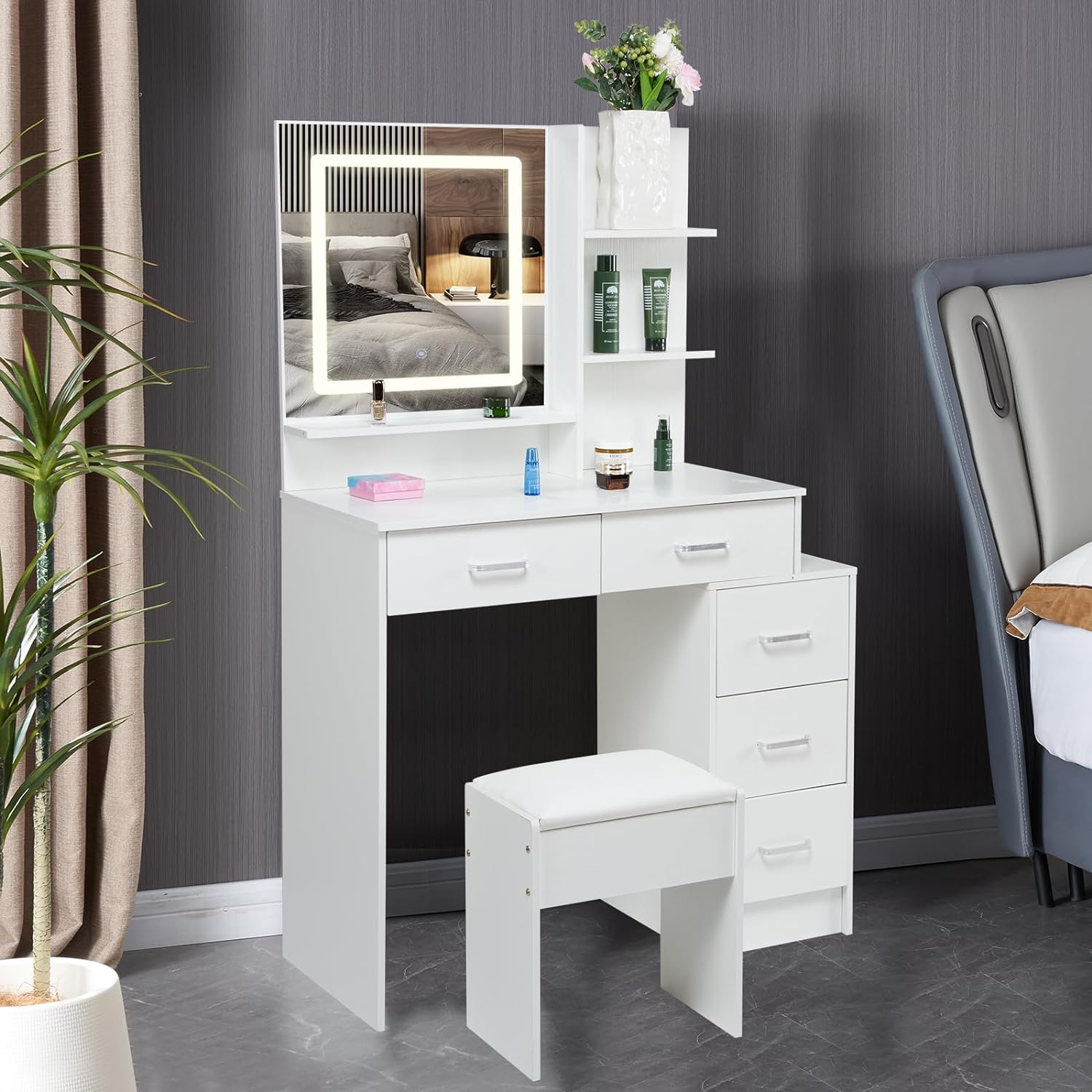 White color adjustable dressing table with 4 drawers