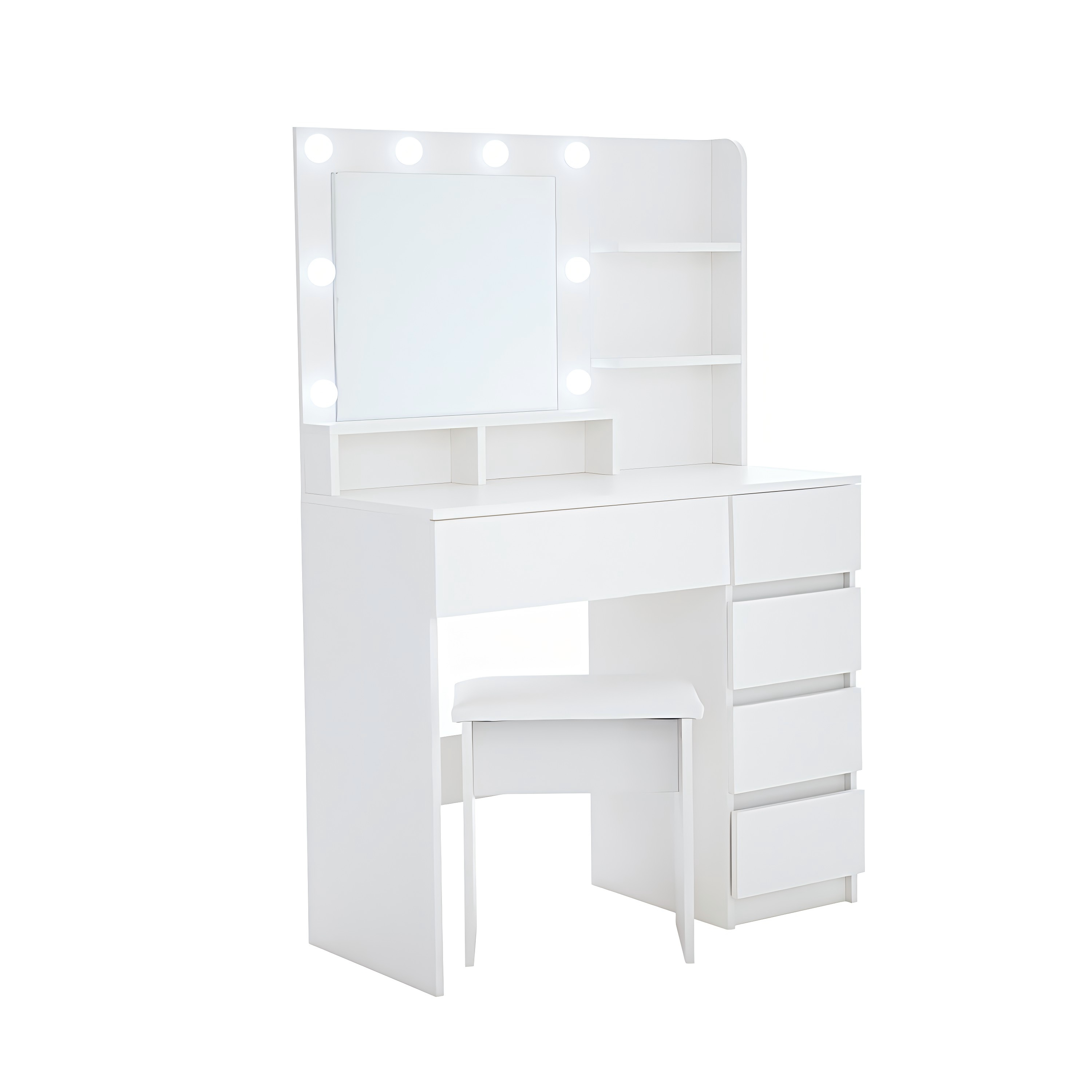 Vanity, Makeup Vanity Desk Set with Mirror & Light, Dressing Table Storage Lots with Power Strip, 3 Lighting Modes with Adjustable Brightness, 37 Inches  (White with Stool)