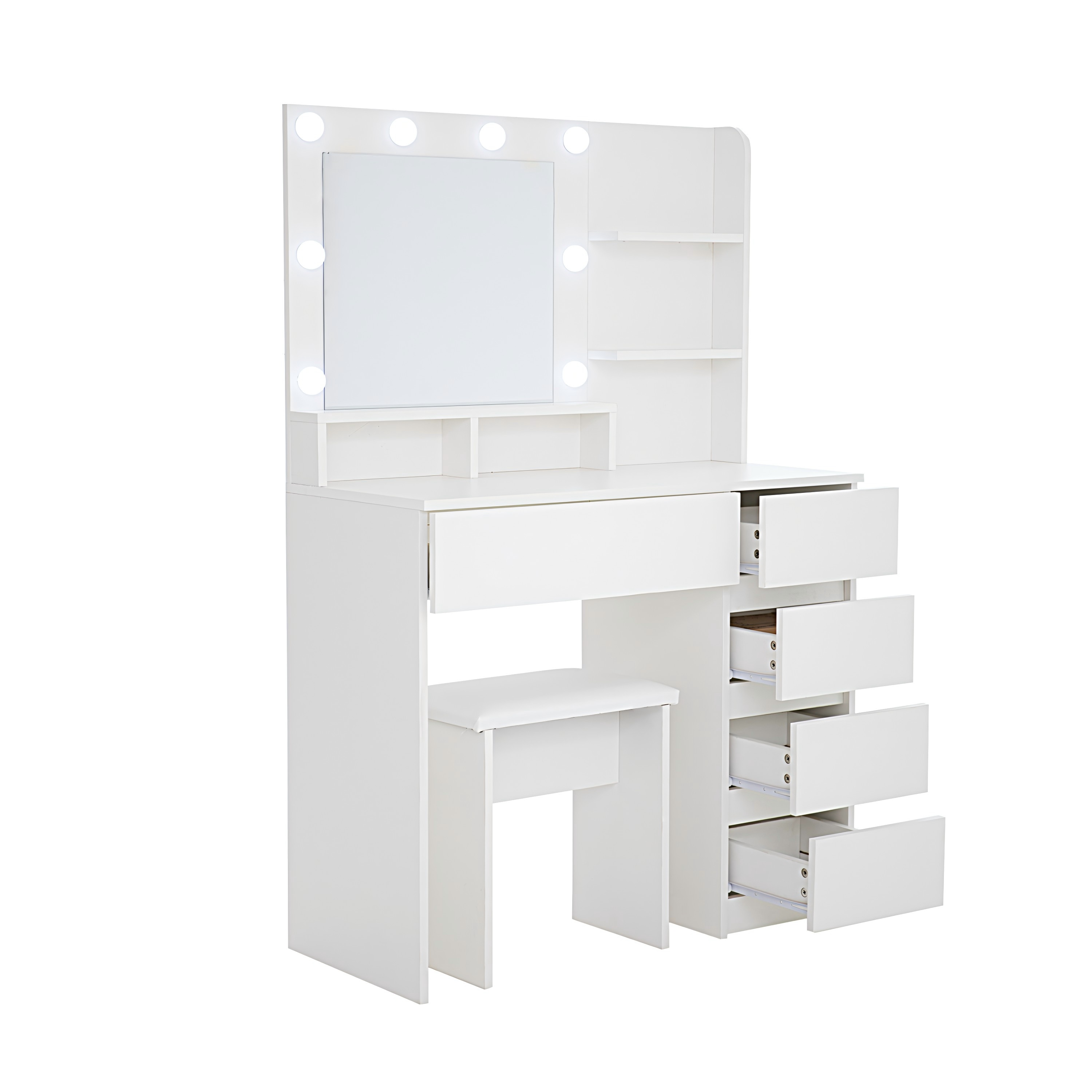 Vanity, Makeup Vanity Desk Set with Mirror & Light, Dressing Table Storage Lots with Power Strip, 3 Lighting Modes with Adjustable Brightness, 37 Inches  (White with Stool)