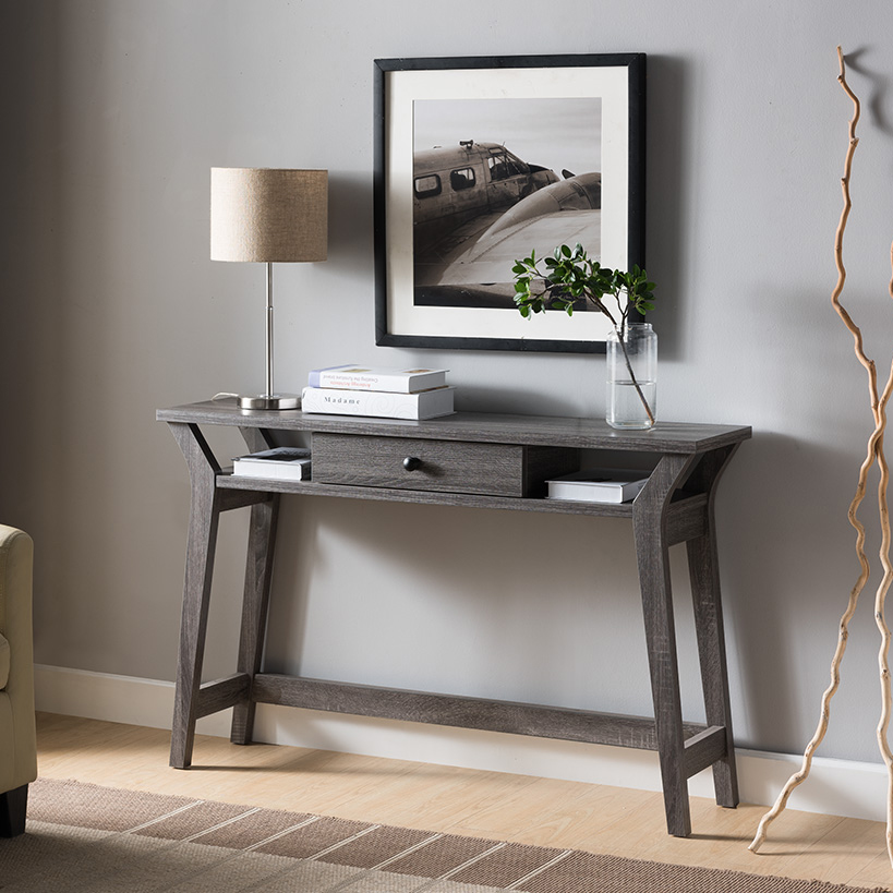 Console Table with One Drawer and Two Open Shelves - Grey