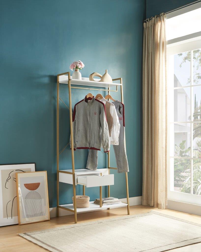 Metal Clothes Rack Open Wardrobe Free Standing with One Drawer Hanging Clothes Rod – White & Gold Metal