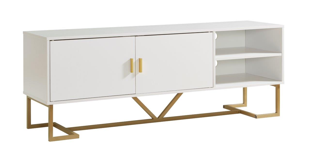 TV Stand Two Door Cabinet with Two Open Shelves with Metal Legs - White & Gold