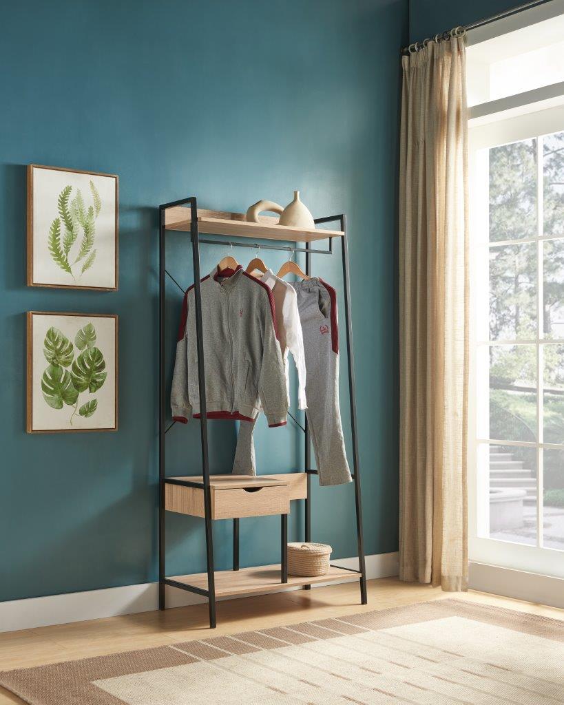 Metal Clothes Rack Open Wardrobe Free Standing with One Drawer Hanging Clothes Rod – Light Brown