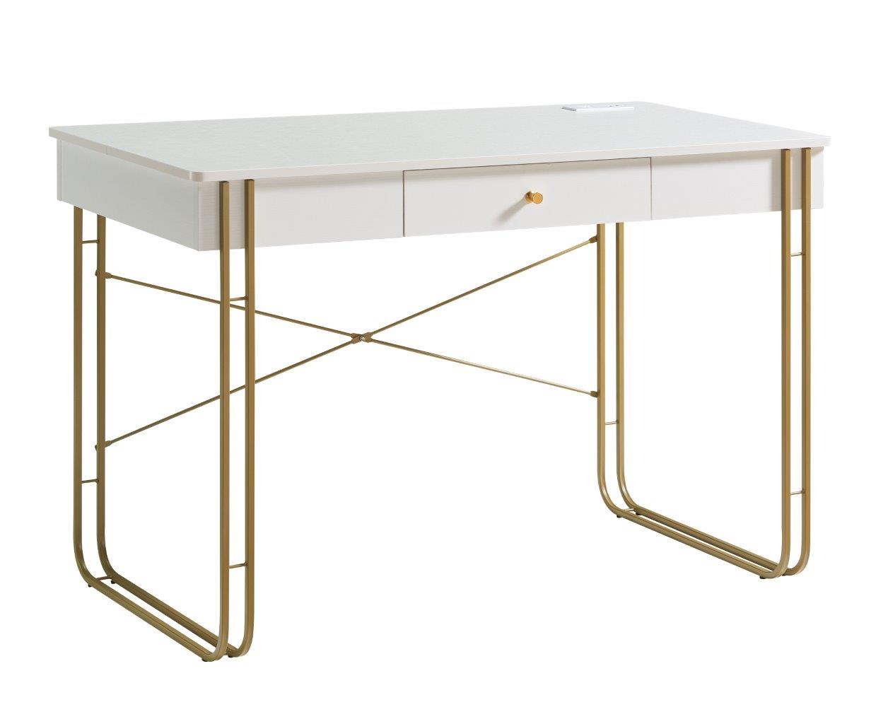 Computer Desk Writing Desk with One Drawer Metal Legs and USB Outlet Port – White & Gold