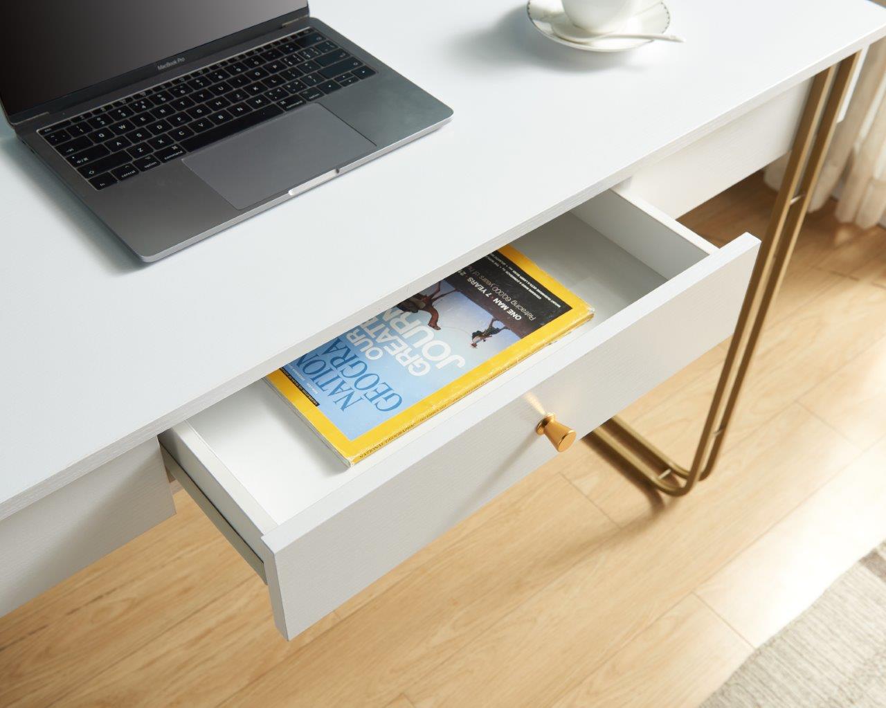 Computer Desk Writing Desk with One Drawer Metal Legs and USB Outlet Port – White & Gold