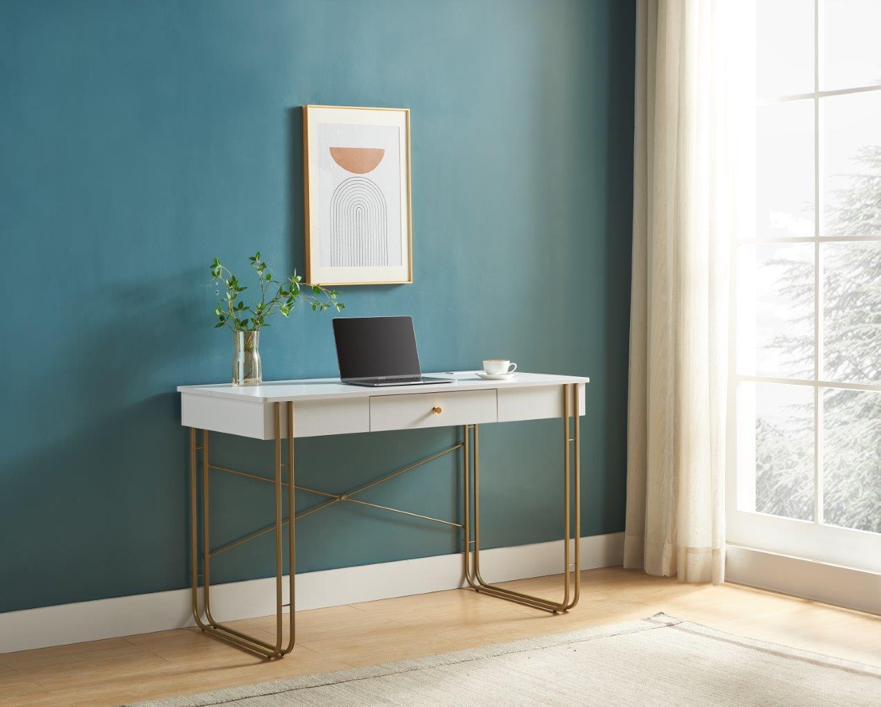 Computer Desk Writing Desk with One Drawer Metal Legs and USB Outlet Port – White & Gold