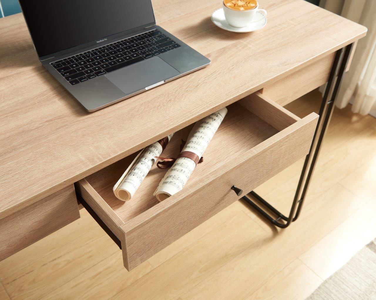 Computer Desk Writing Desk with One Drawer Metal Legs and USB Outlet Port – Light Brown & Black