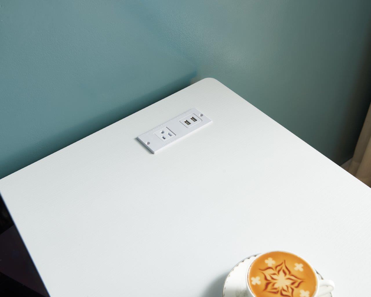 Computer Desk Writing Desk with One Drawer Metal Legs and USB Outlet Port – White & Gold