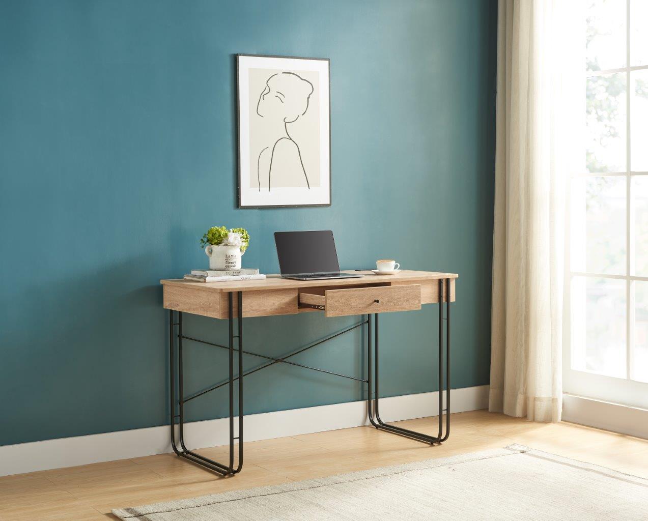 Computer Desk Writing Desk with One Drawer Metal Legs and USB Outlet Port – Light Brown & Black