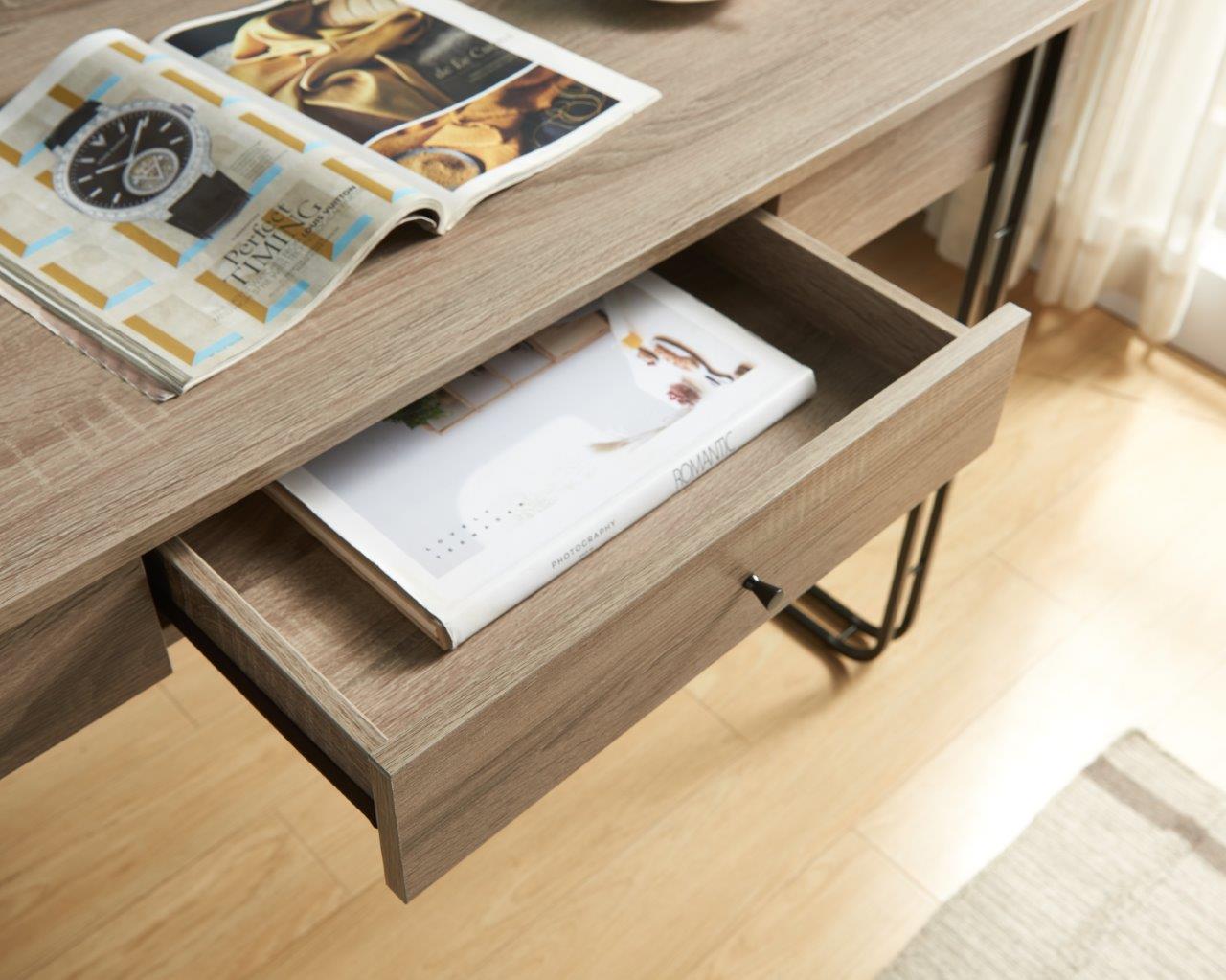 Computer Desk Writing Desk with One Drawer Metal Legs and USB Outlet Port – Brown & Black Metal