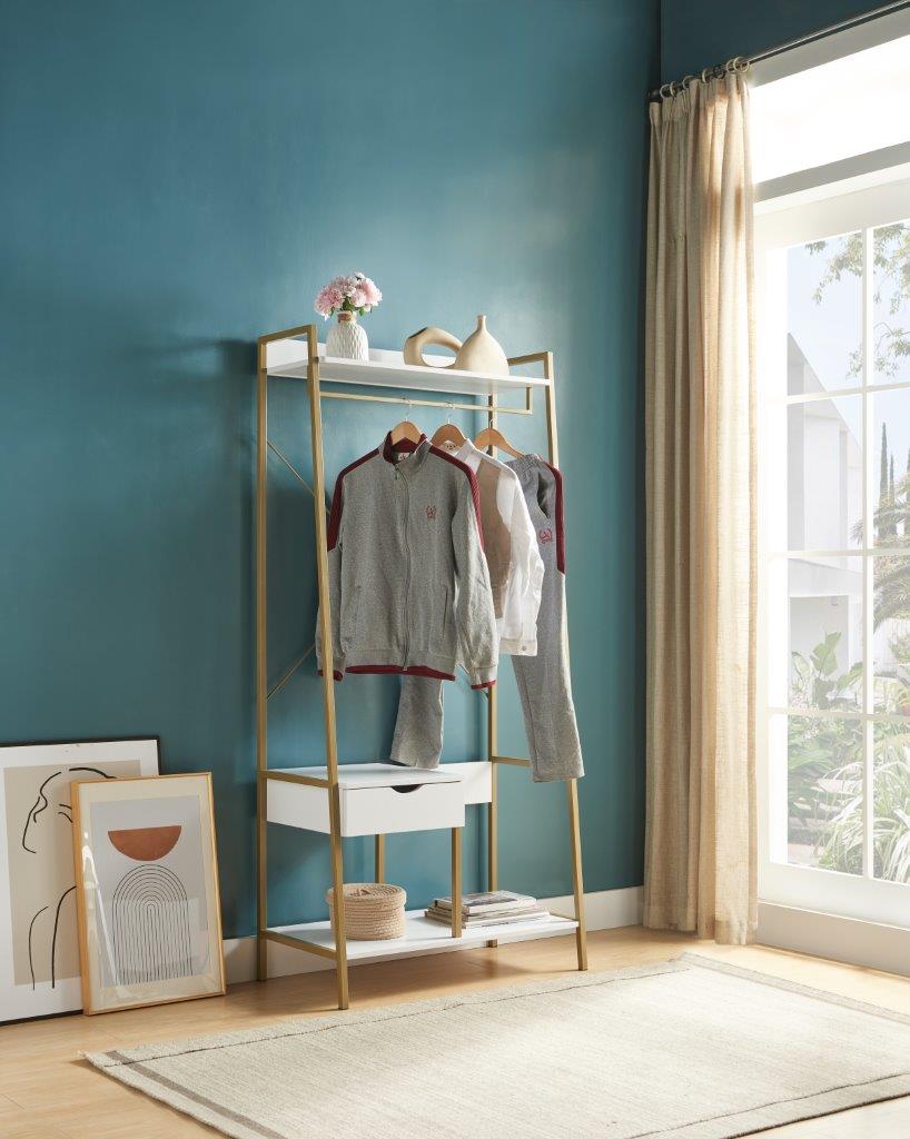 Metal Clothes Rack Open Wardrobe Free Standing with One Drawer Hanging Clothes Rod – White & Gold Metal