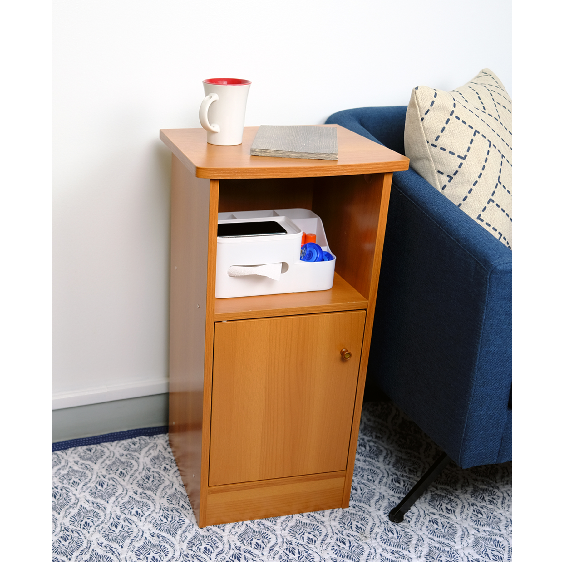 Chairside Table with One Door Storage Cabinet and Large Cubby Shelf - Light Brown