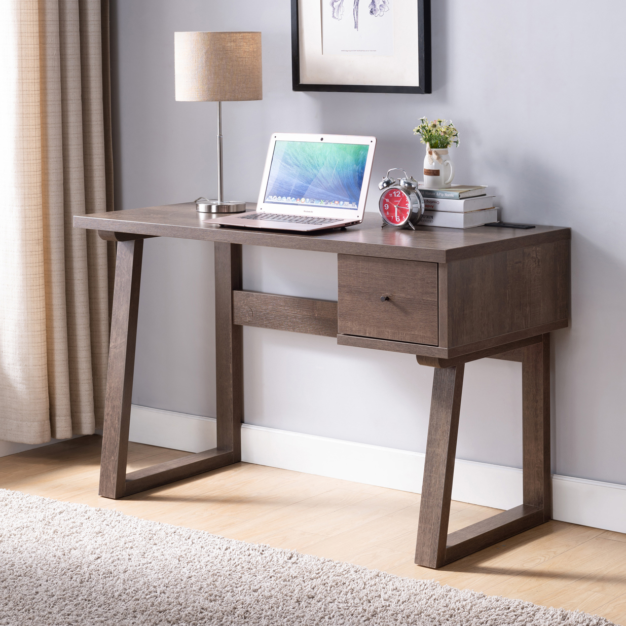 Writing Desk with One Drawer Single Outlet USB Port  - Dark Brown