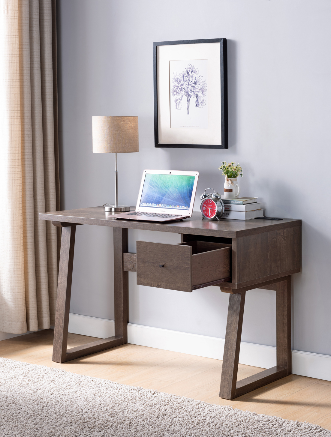 Writing Desk with One Drawer Single Outlet USB Port  - Dark Brown