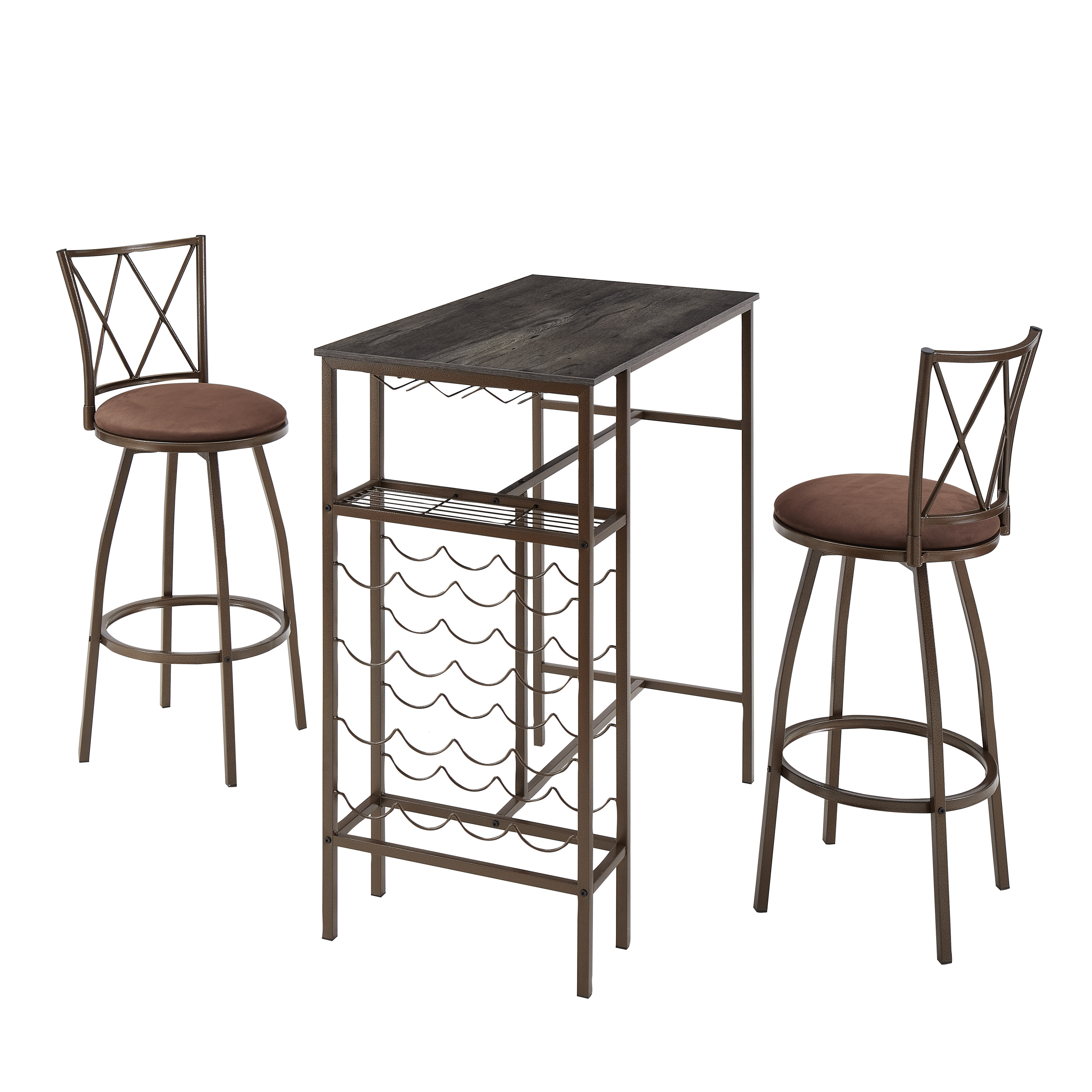 3-Piece Bar Steels Kitchen Dining Room Table Set Retro Brown Bar Chair for Dining Room