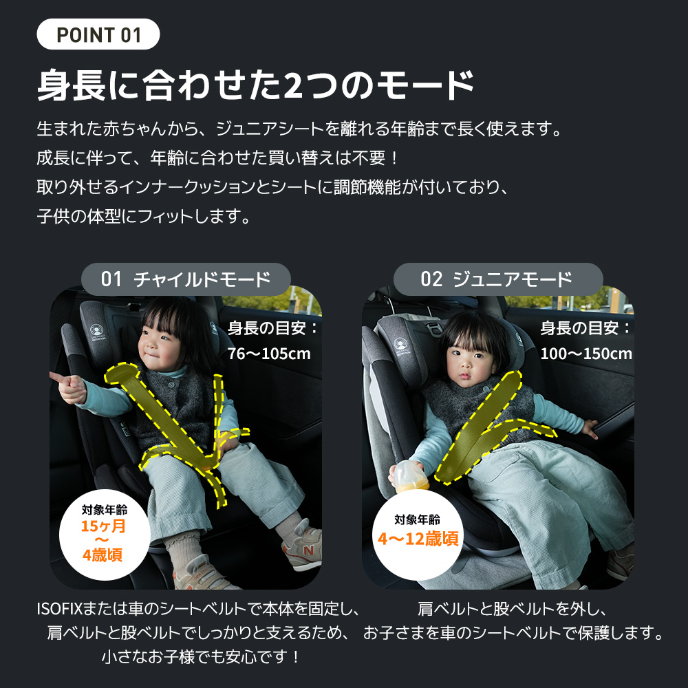 【トップテザー】新安全基準R129適合 チャイルドシート ISOFIX 1歳～12歳頃 76～150cm ジュニアシート 長く使える 洗える 取付簡単 キッズシート ベビーシート ドリンクホルダー付き 出産祝い【ブラック+グレー】  PP322678AAA