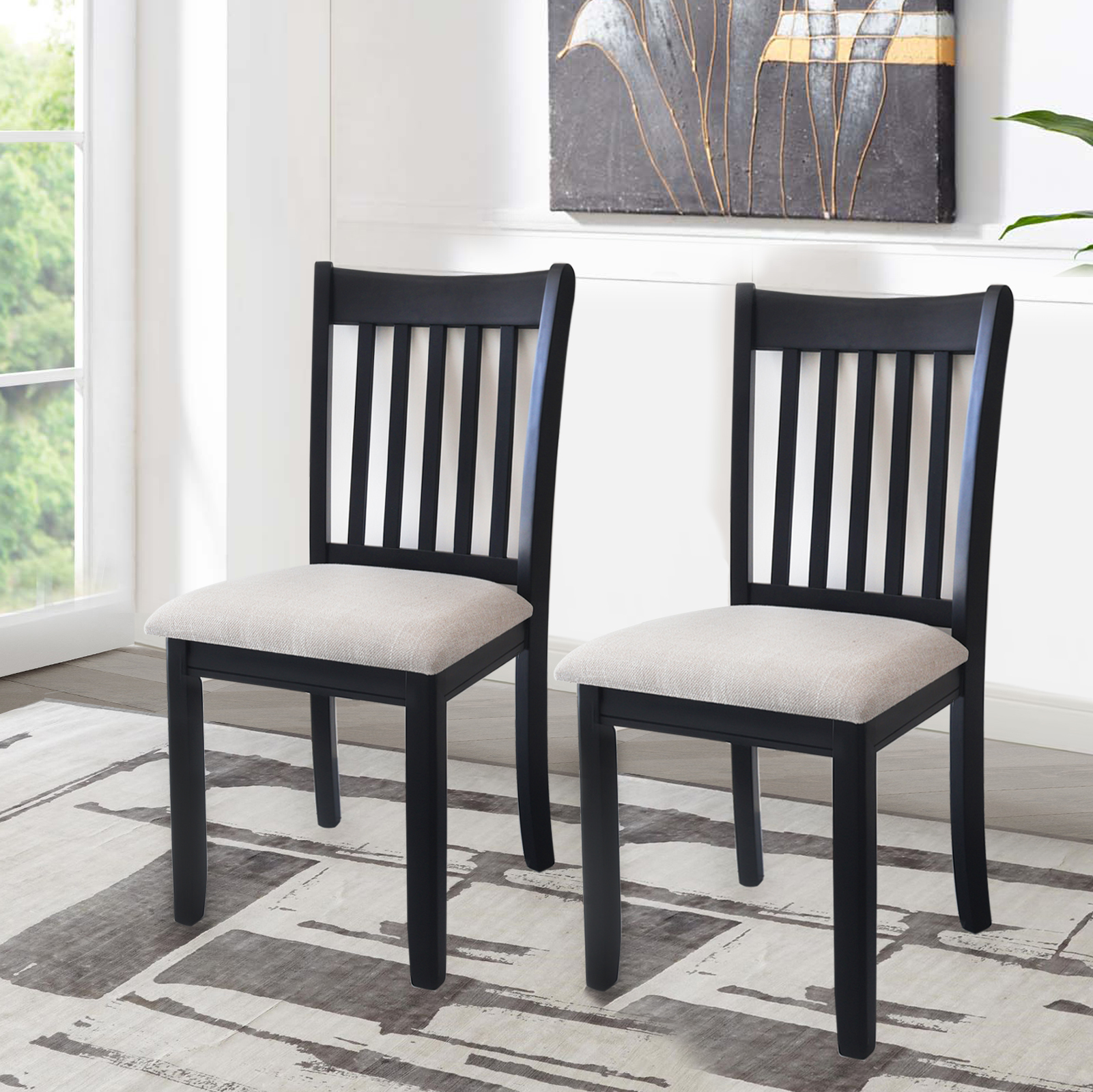 Dining Room Furniture Black Finish Set of 2 Seating Chairs Cushion Seats Wooden Back Kitchen Breakfast Chairs