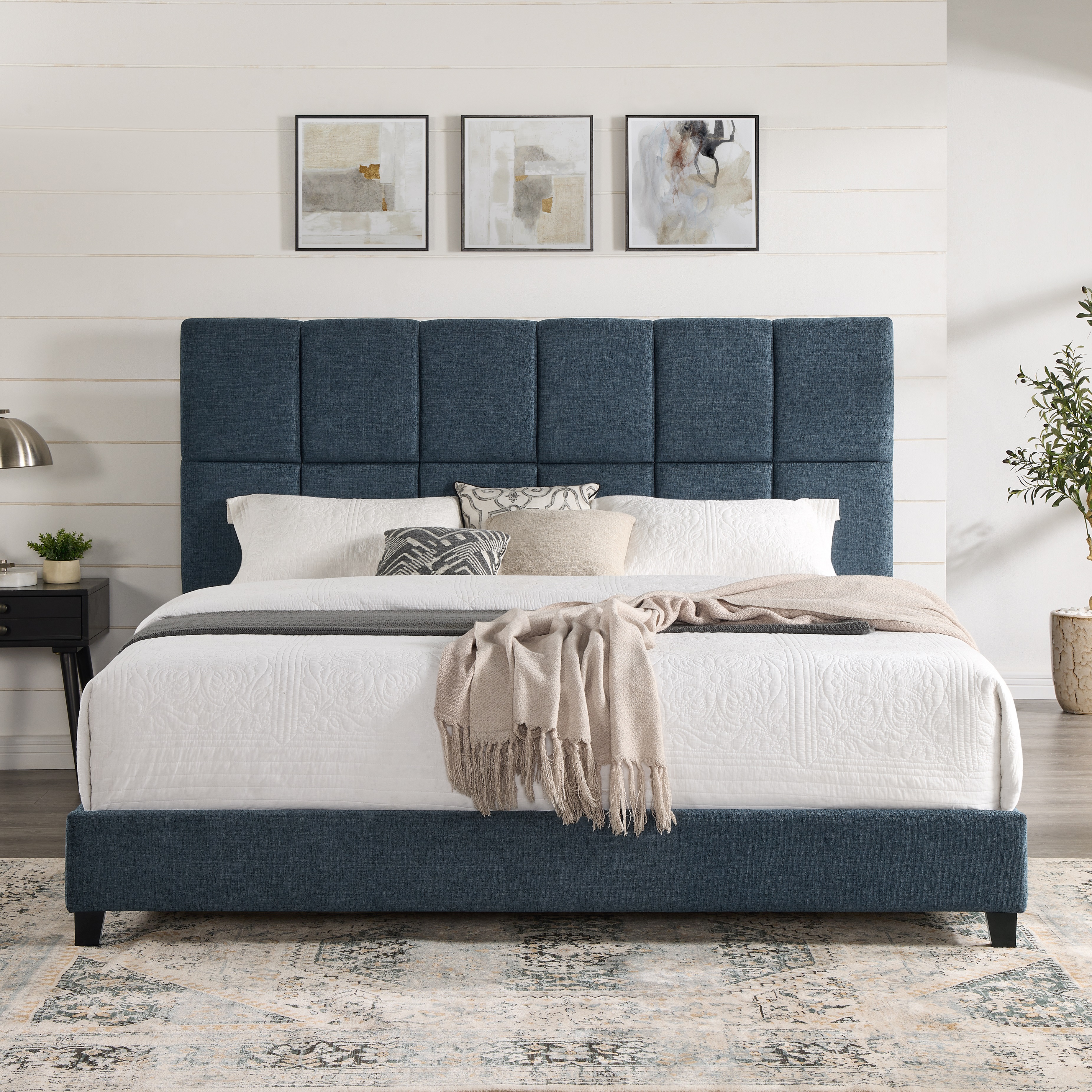 Bridgevine Home King Size Navy Blue Denim Squares Upholstered Platform Bed