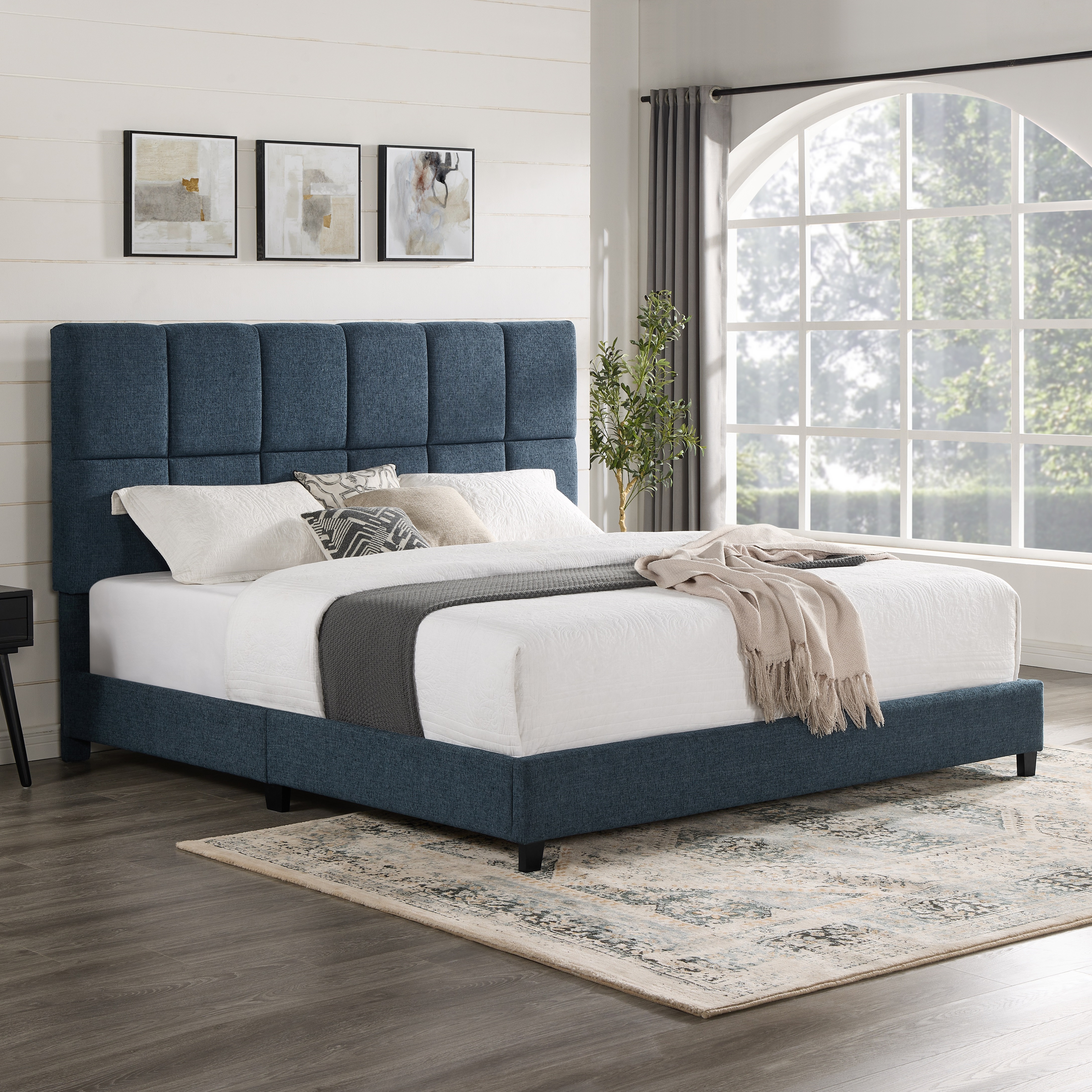 Bridgevine Home King Size Navy Blue Denim Squares Upholstered Platform Bed