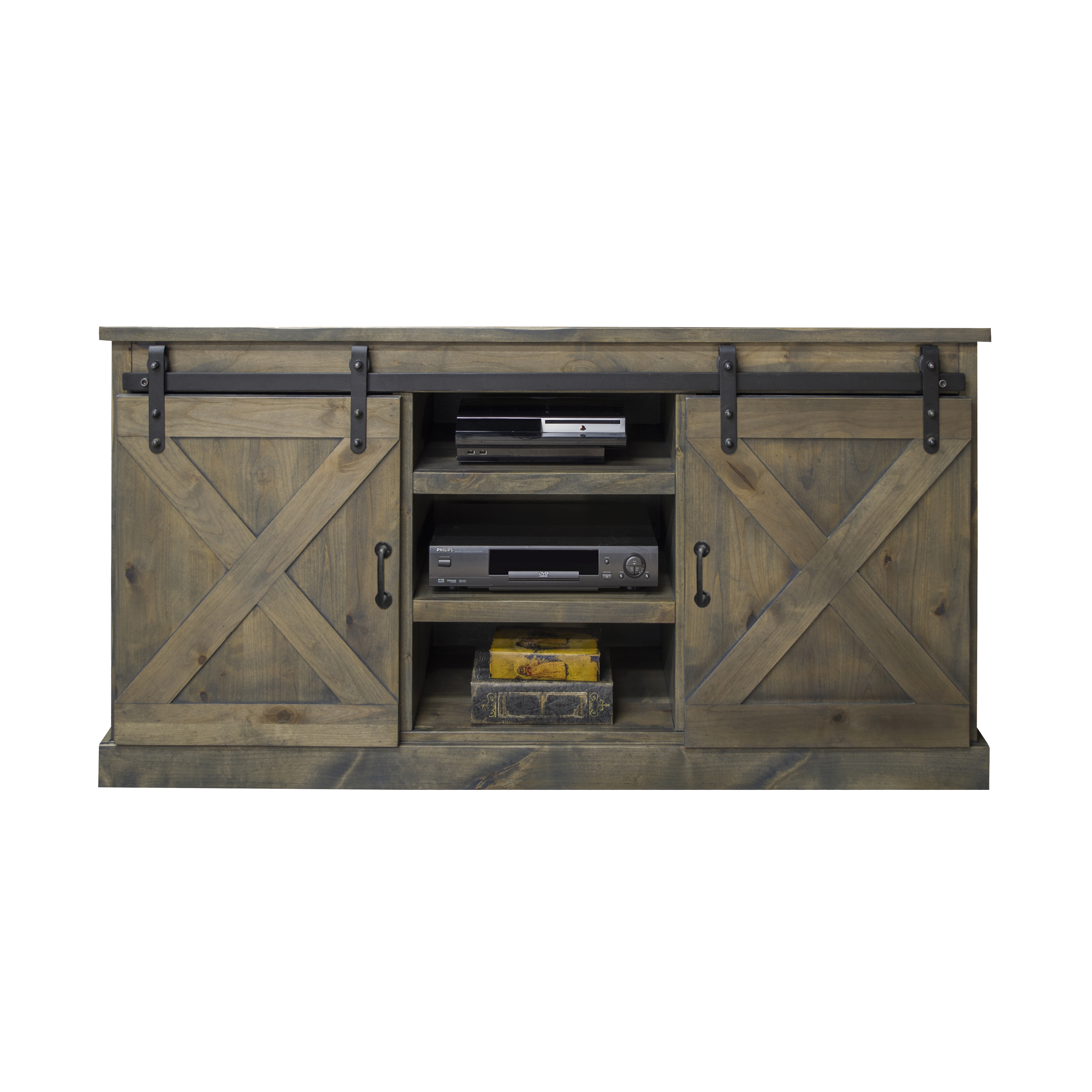 Bridgevine Home Farmhouse 66 inch Corner TV Stand for TVs up to 80 inches, No Assembly Required, Barnwood Finish