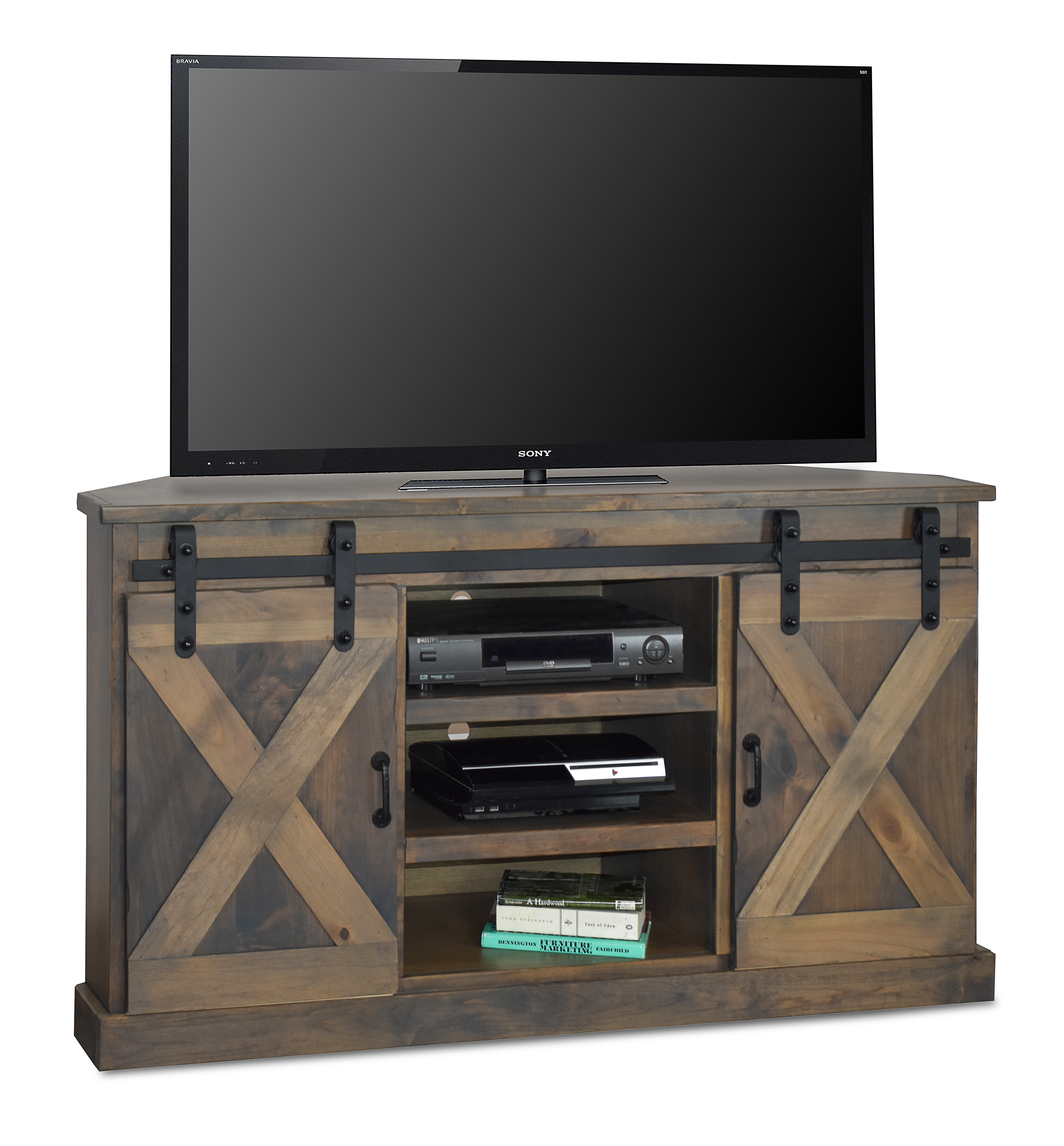 Bridgevine Home Farmhouse 66 inch Corner TV Stand for TVs up to 80 inches, No Assembly Required, Barnwood Finish